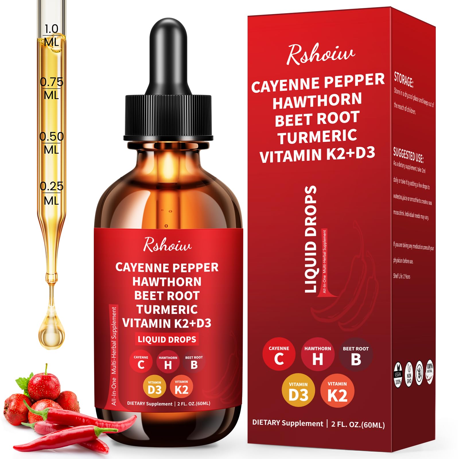 Rshoiw Cayenne Pepper Drops Supplement front view with packaging
