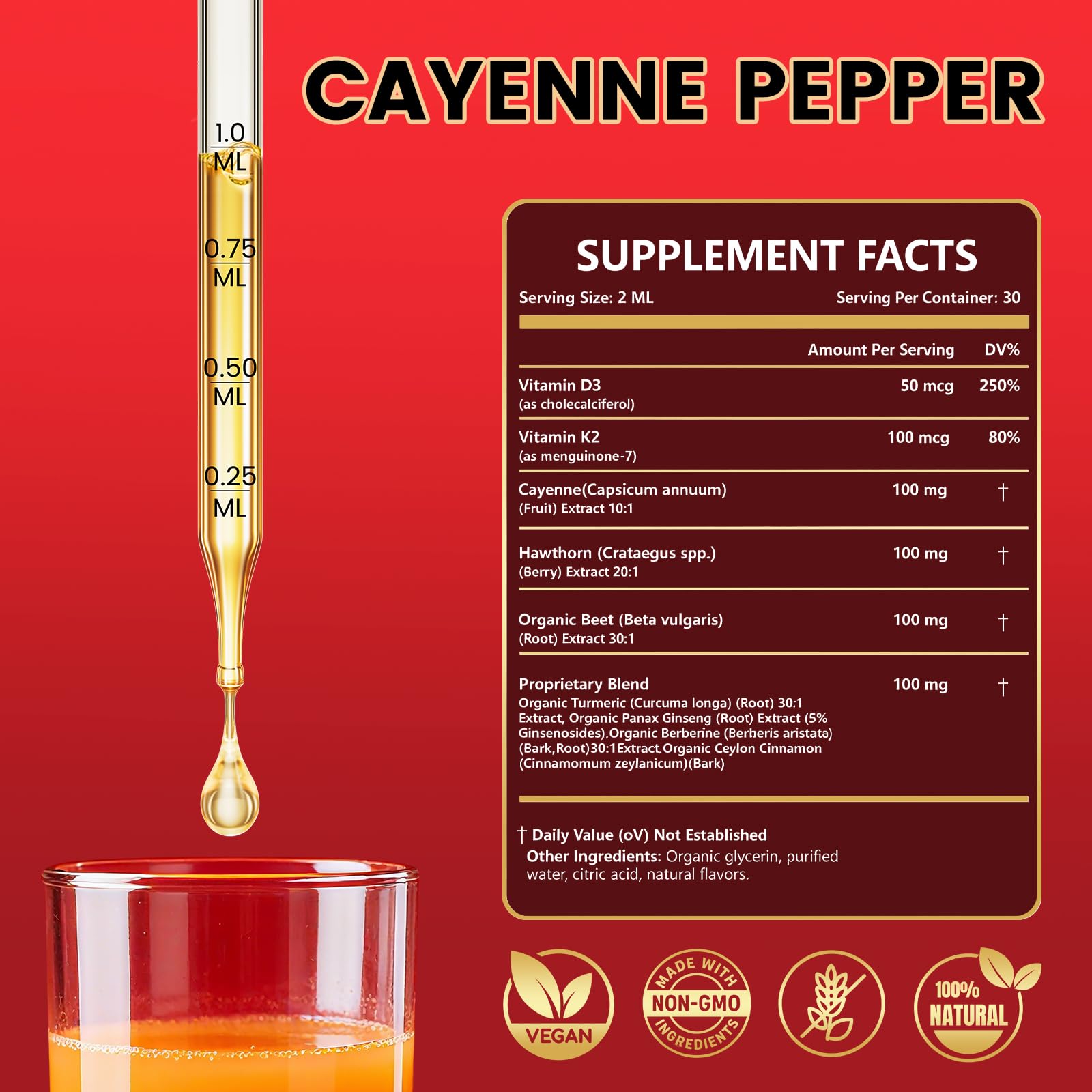 Rshoiw Cayenne Pepper Drops Supplement side view showing dropper