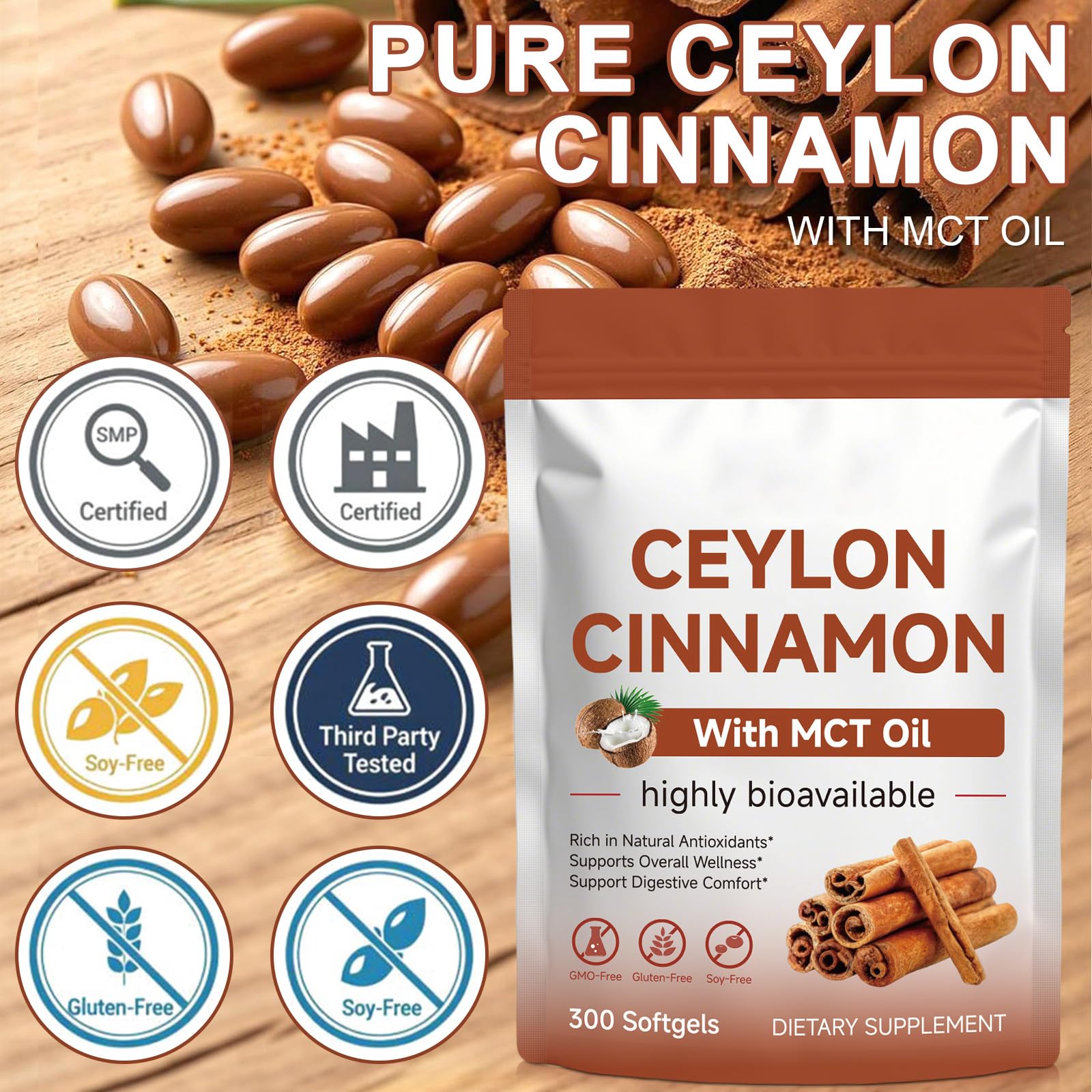 RTEWXLP Ceylon Cinnamon Supplement displayed with fresh cinnamon sticks
