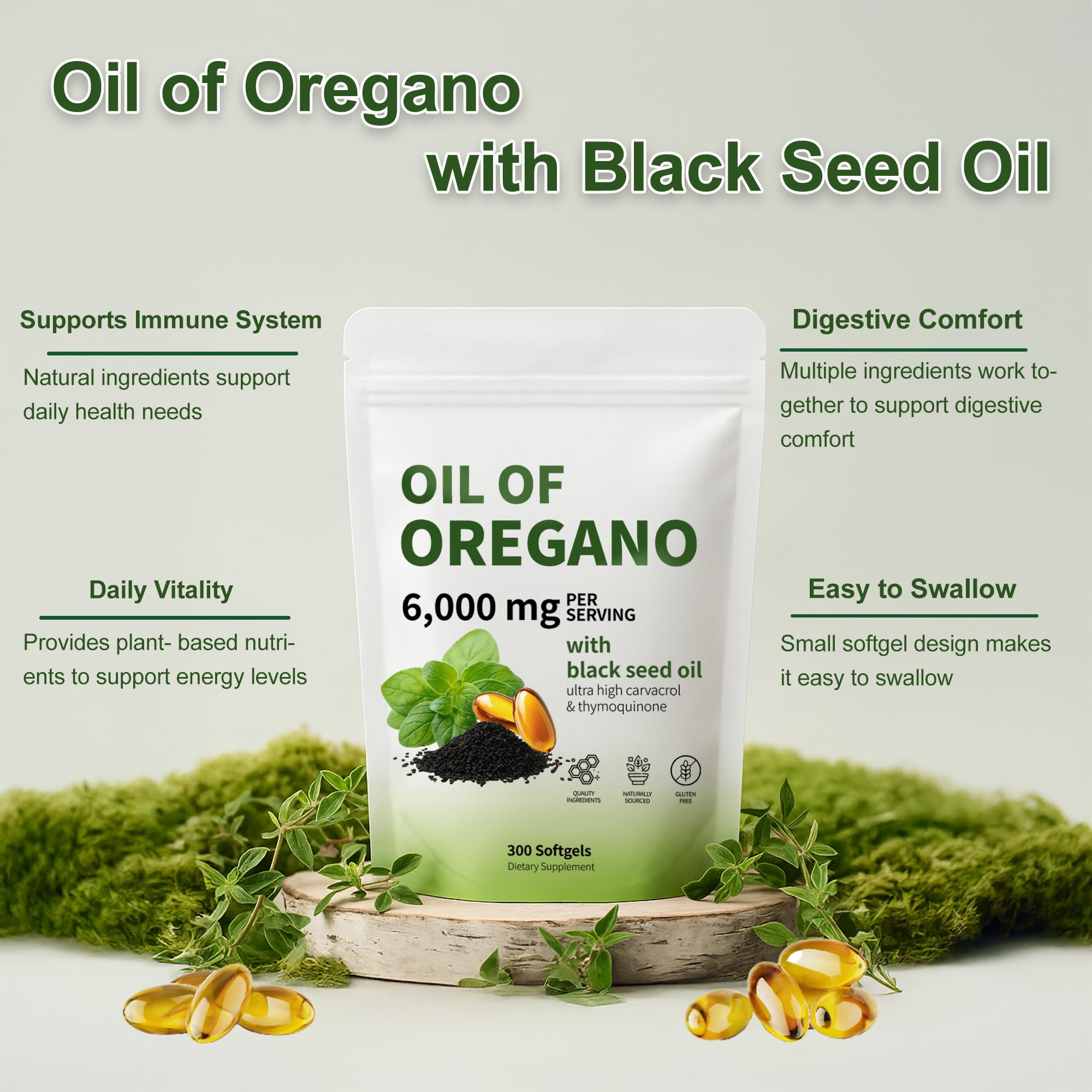 RTQSU Oil of Oregano Softgels close-up of capsules