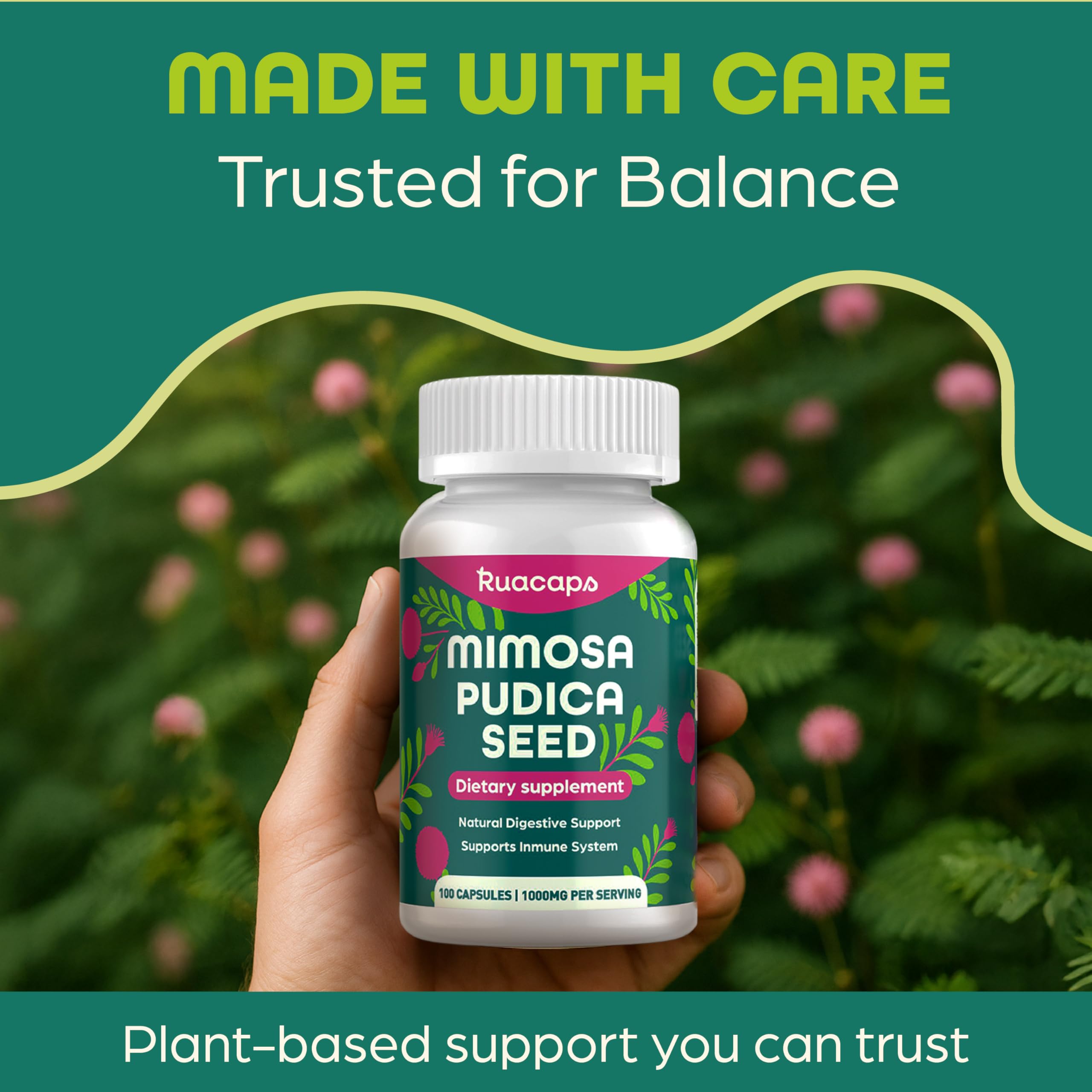 RUACAPS Mimosa Pudica Supplement with natural background