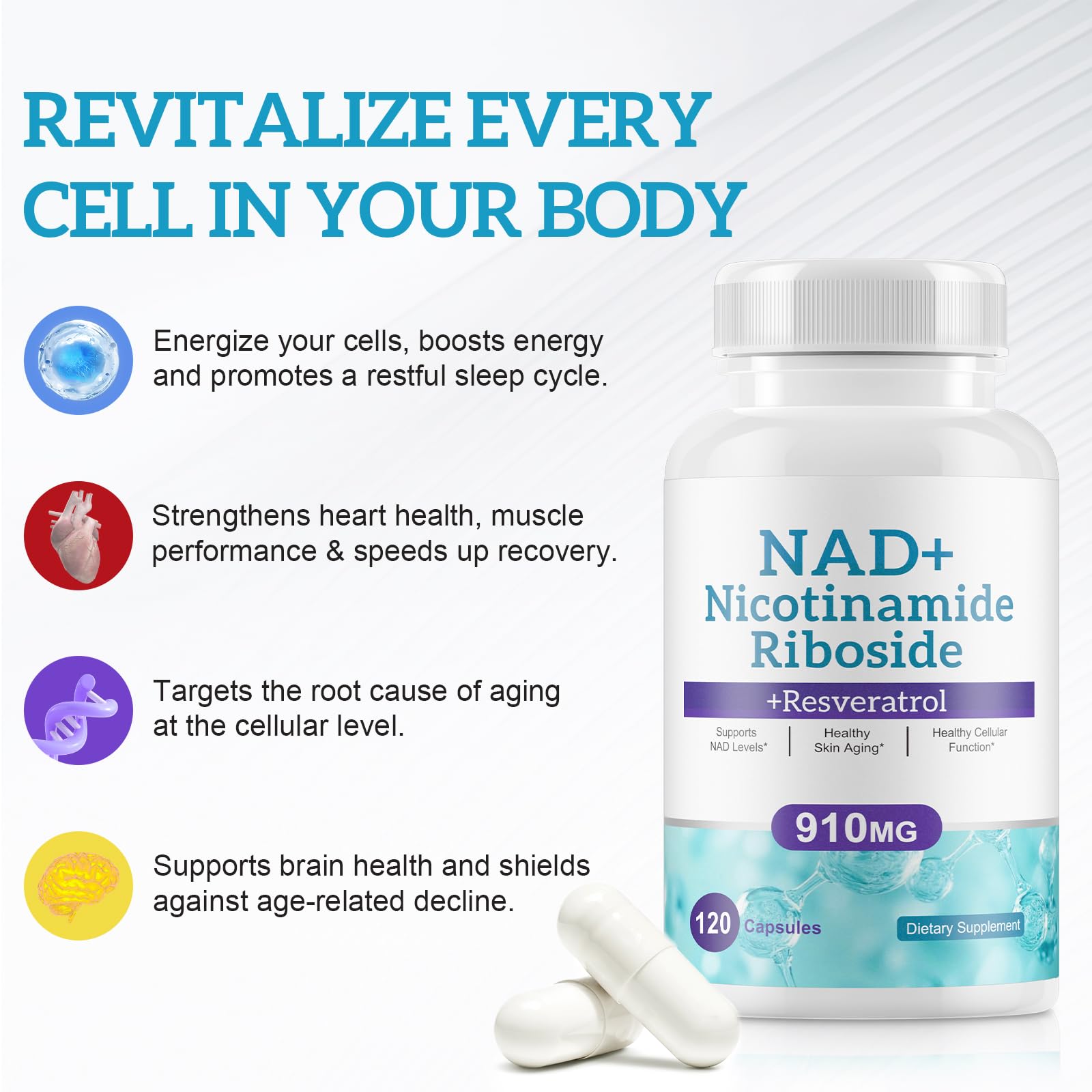Ruduwu NAD Resveratrol Supplement capsules on a wooden surface