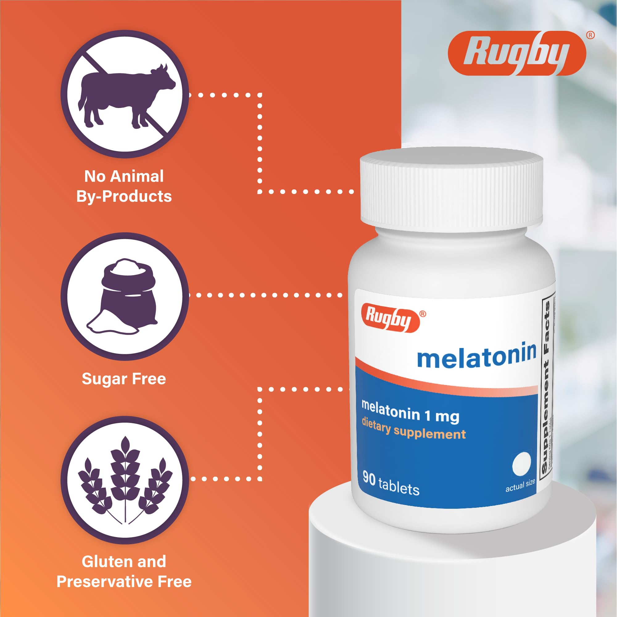 RUGBY LABORATORIES Melatonin 1mg Tablets on a wooden table