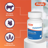 RUGBY LABORATORIES Melatonin 1mg Tablets on a wooden table