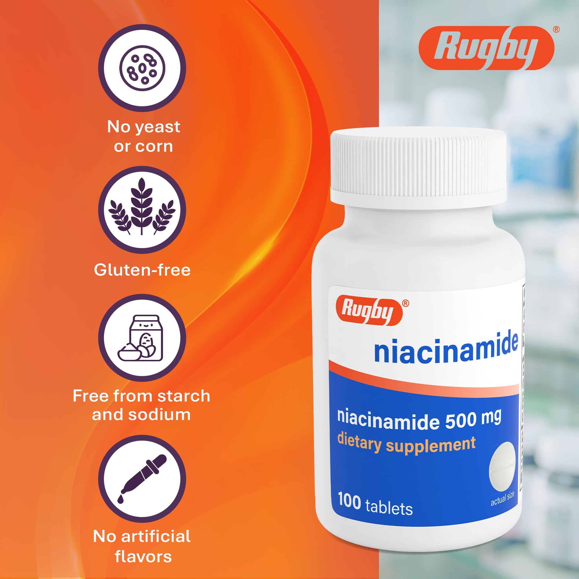 RUGBY LABORATORIES Niacinamide Tablets 500mg close-up of tablet