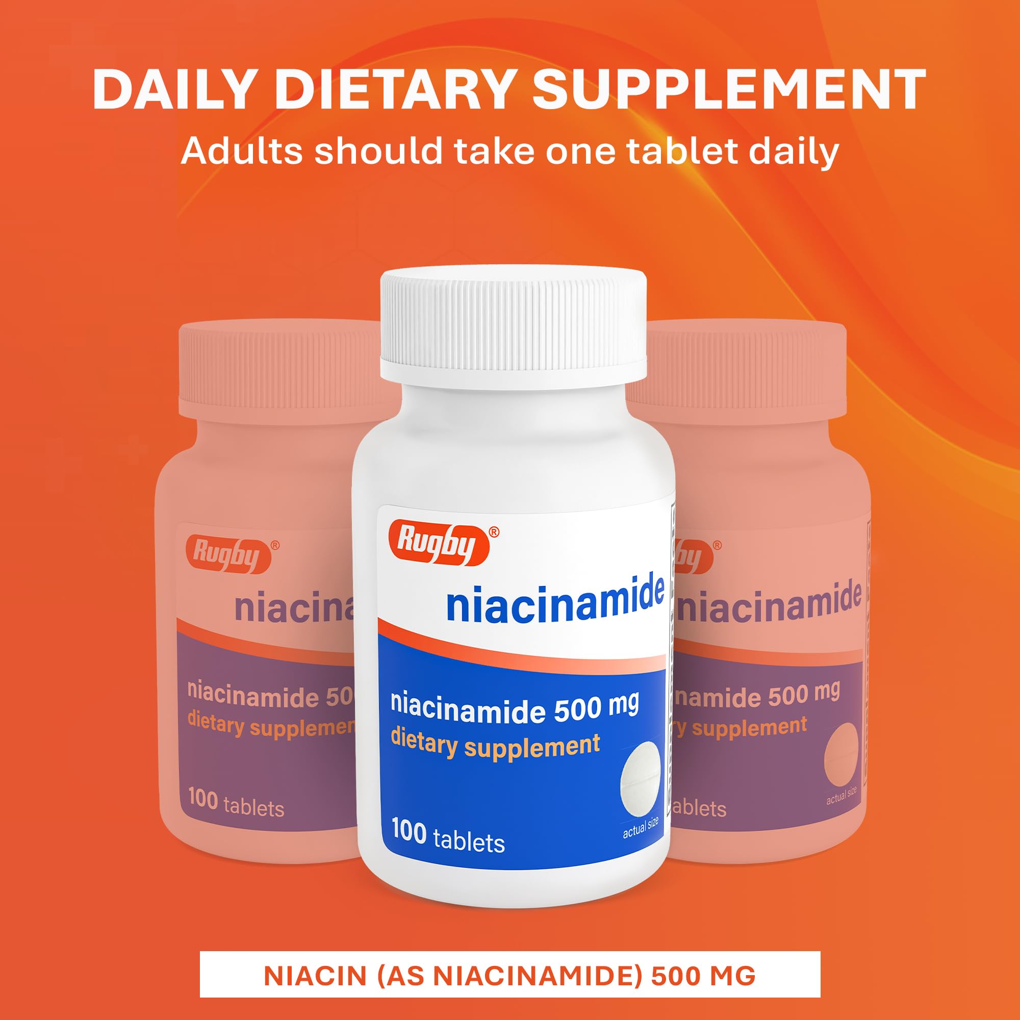 RUGBY LABORATORIES Niacinamide Tablets 500mg on a wooden table