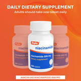 RUGBY LABORATORIES Niacinamide Tablets 500mg on a wooden table