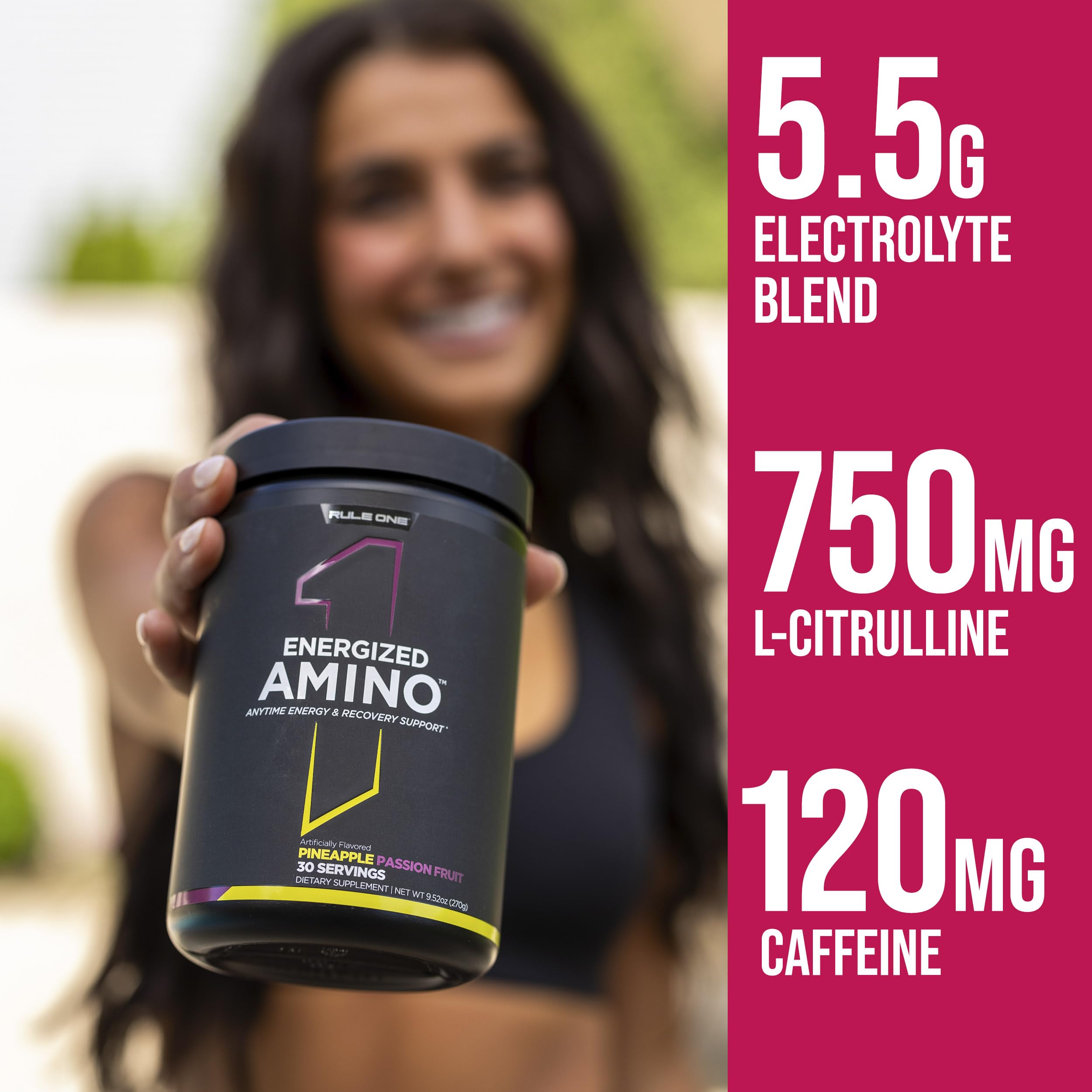 Rule 1 Proteins Energized Amino 354g close-up of powder in scoop