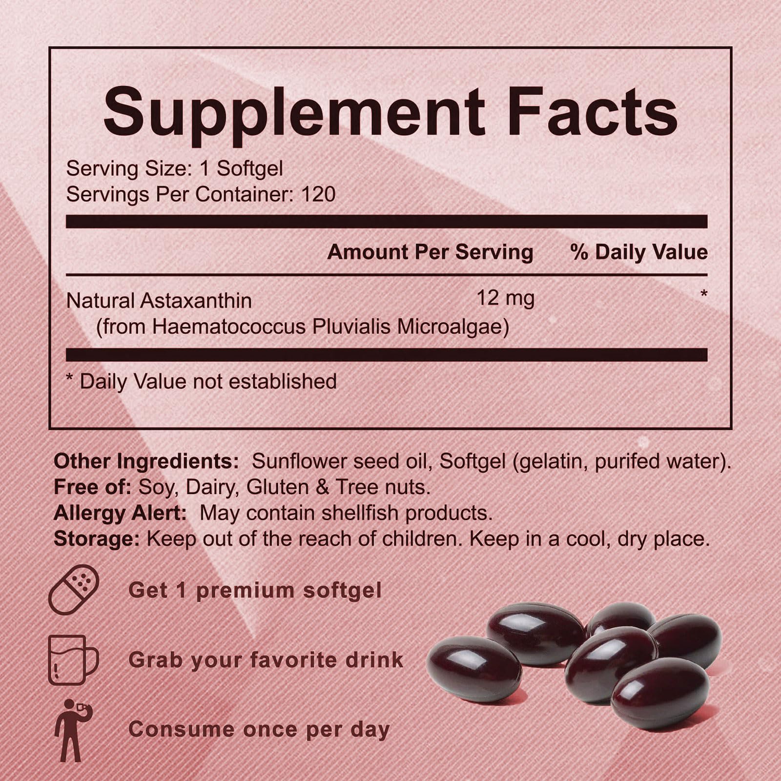 Rulinal Astaxanthin 12mg softgels side view showing capsule