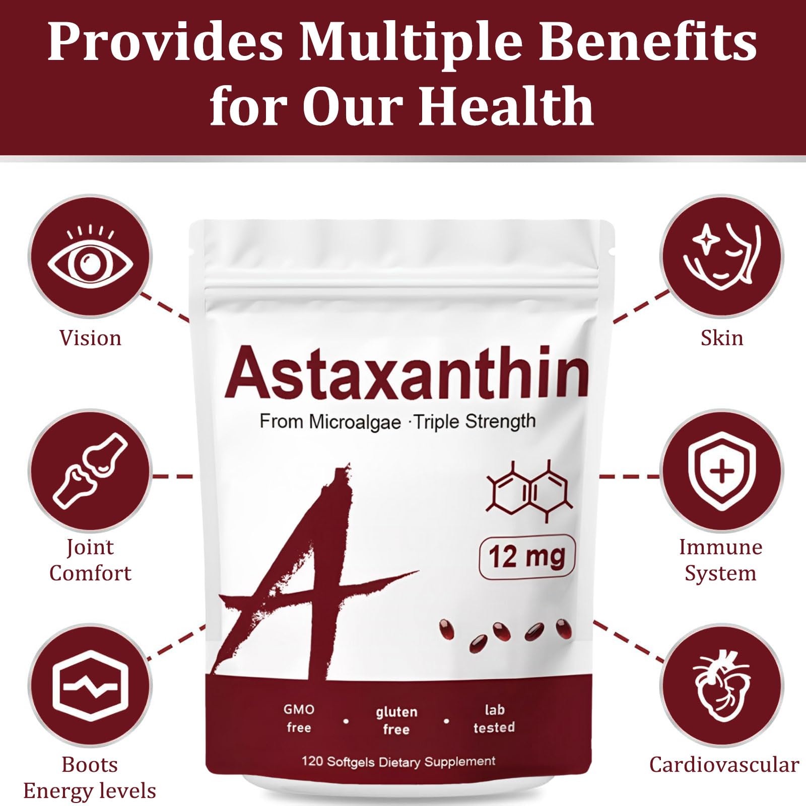 Rulinal Astaxanthin 12mg softgels with dosage information