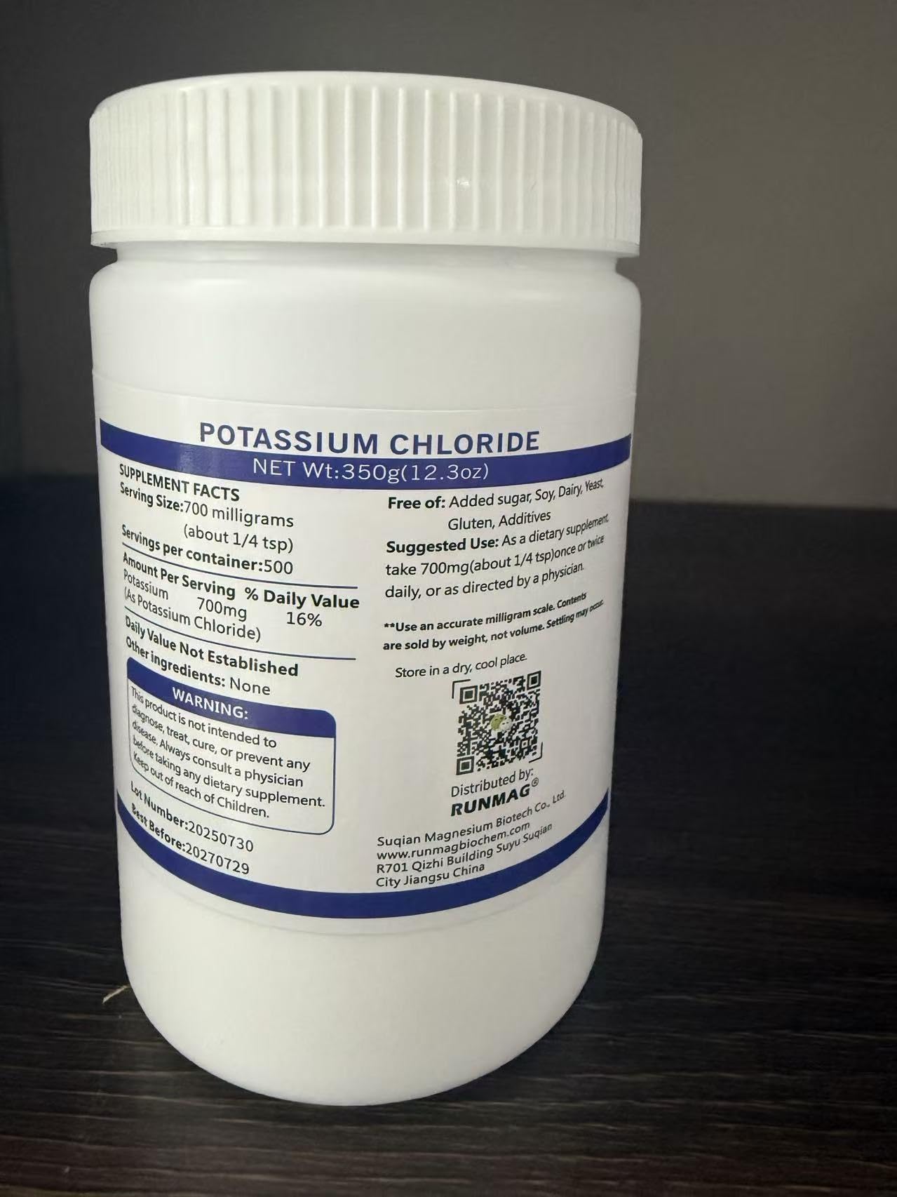 RUNMAG Potassium Chloride Powder 350g nutritional information