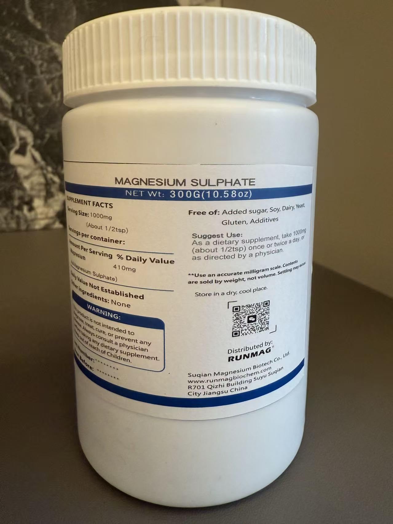RUNMAG Pure Magnesium Sulfate Powder 300g back view