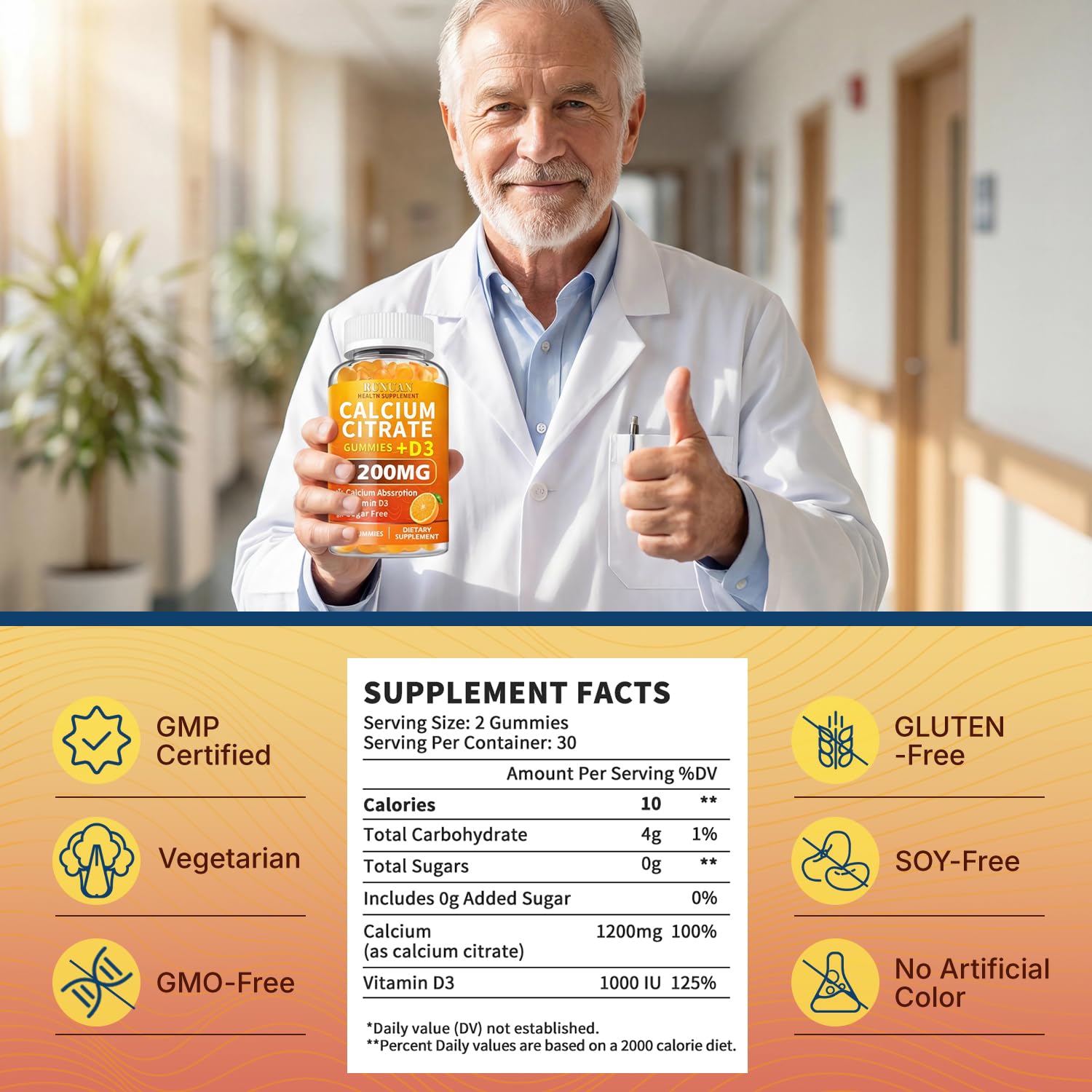 RUNUAN Calcium Citrate Gummies on a wooden table