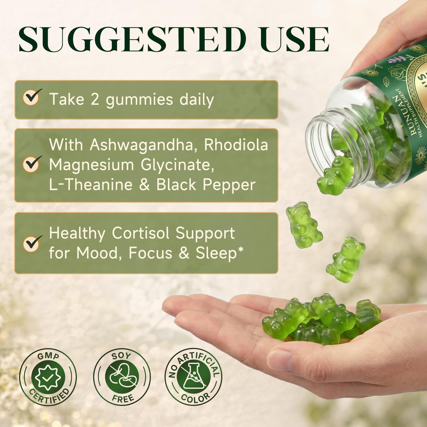 RUNUAN Cortisol Reducer Gummies with a glass of water