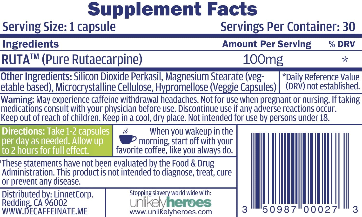 RUTA Daily De-Caffeinate Sleep Supplement Capsules with Evodia fruit