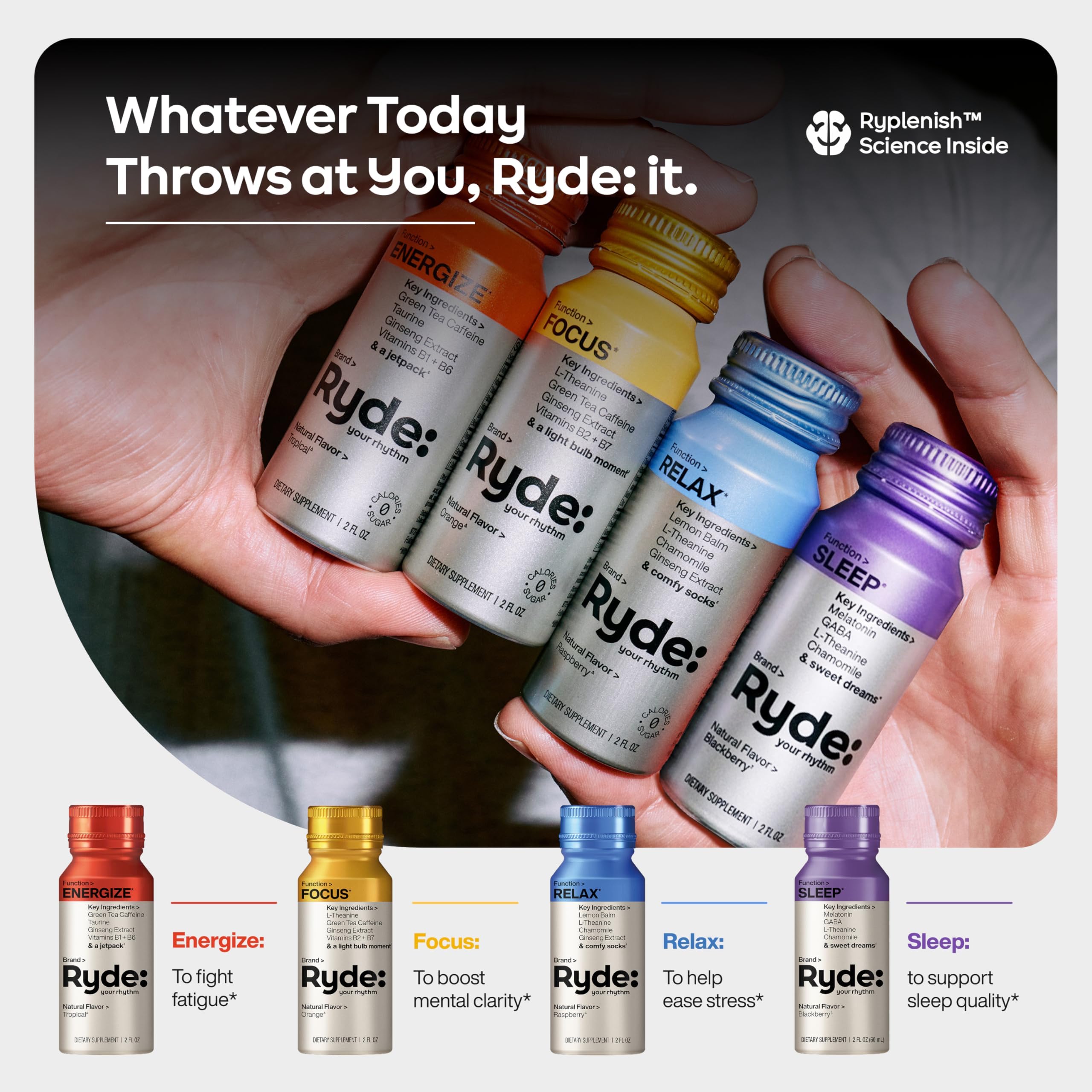 RYDE shots packaging showing all flavours