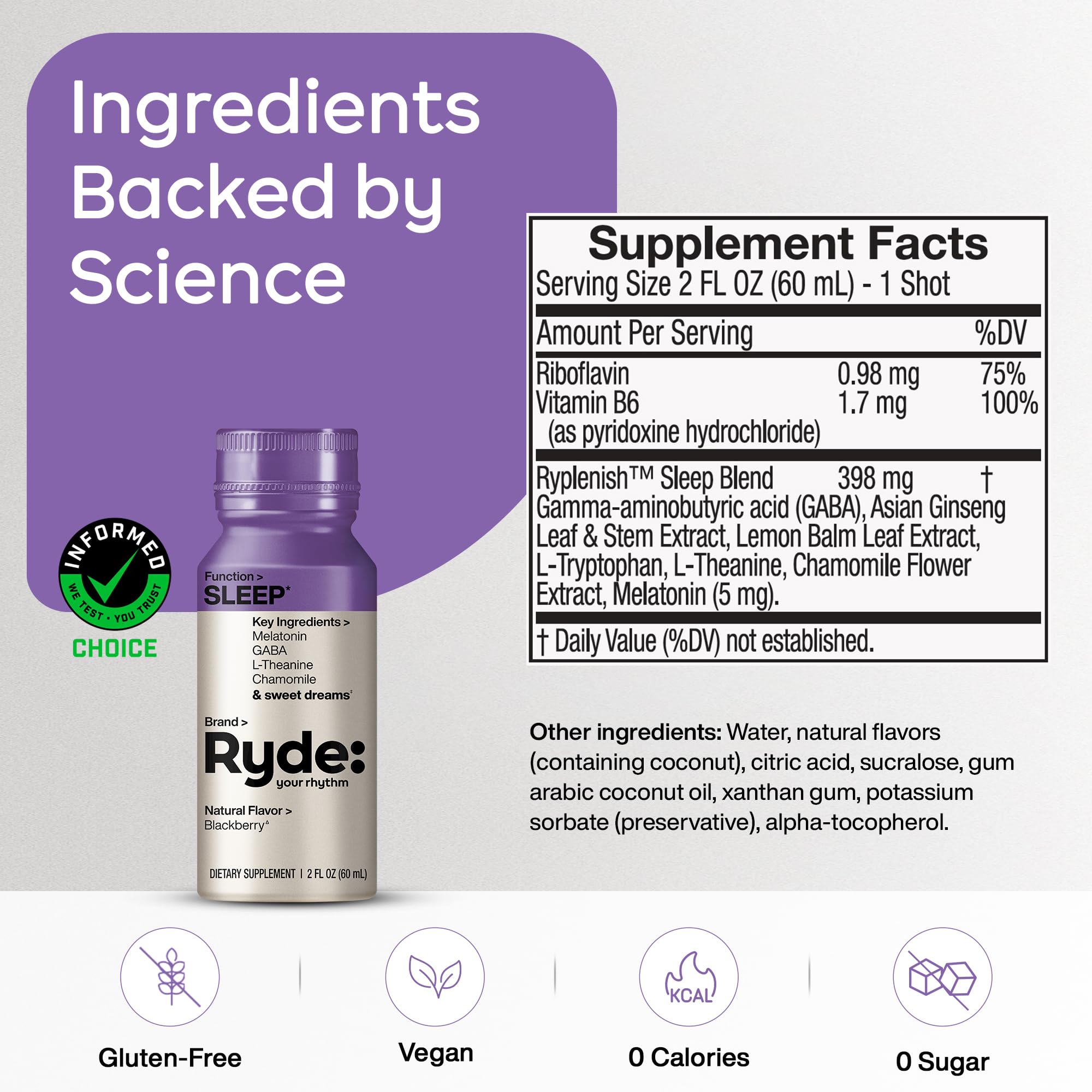RYDE Sleep Shot Blackberry Flavor 2 fl oz back view