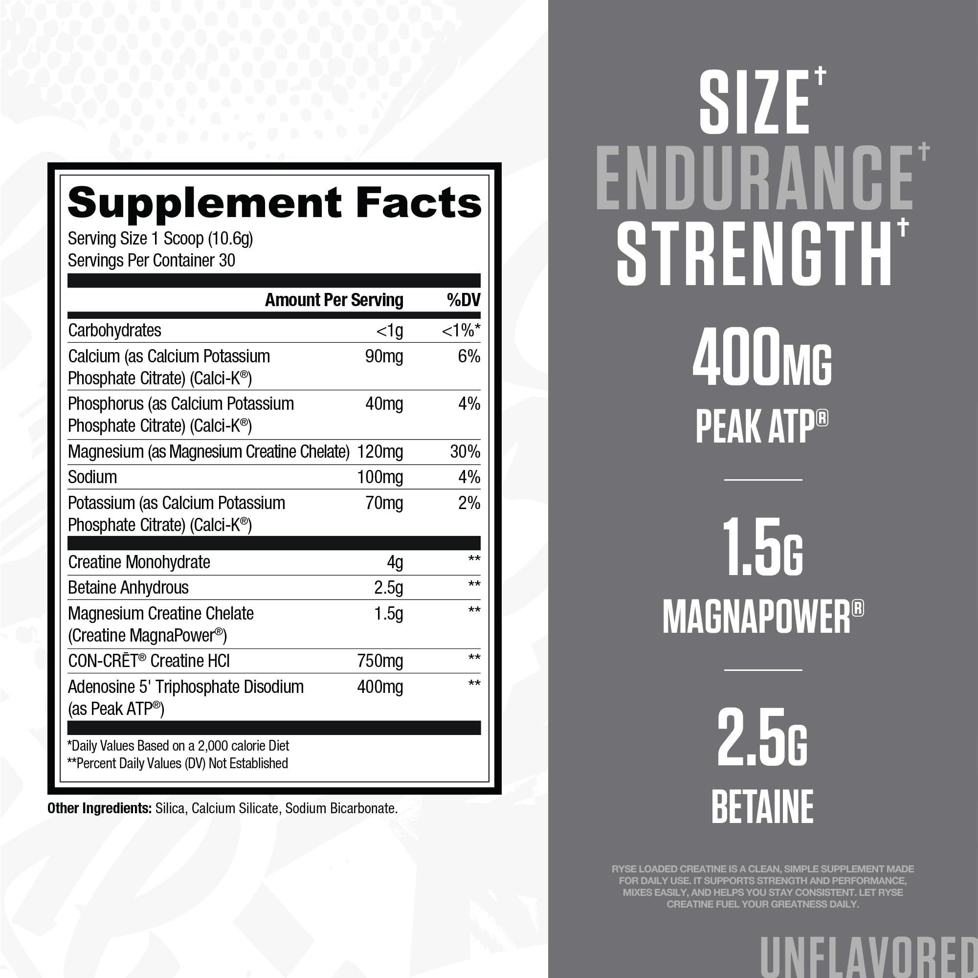 RYSE Loaded Creatine 340g side view with nutrition facts