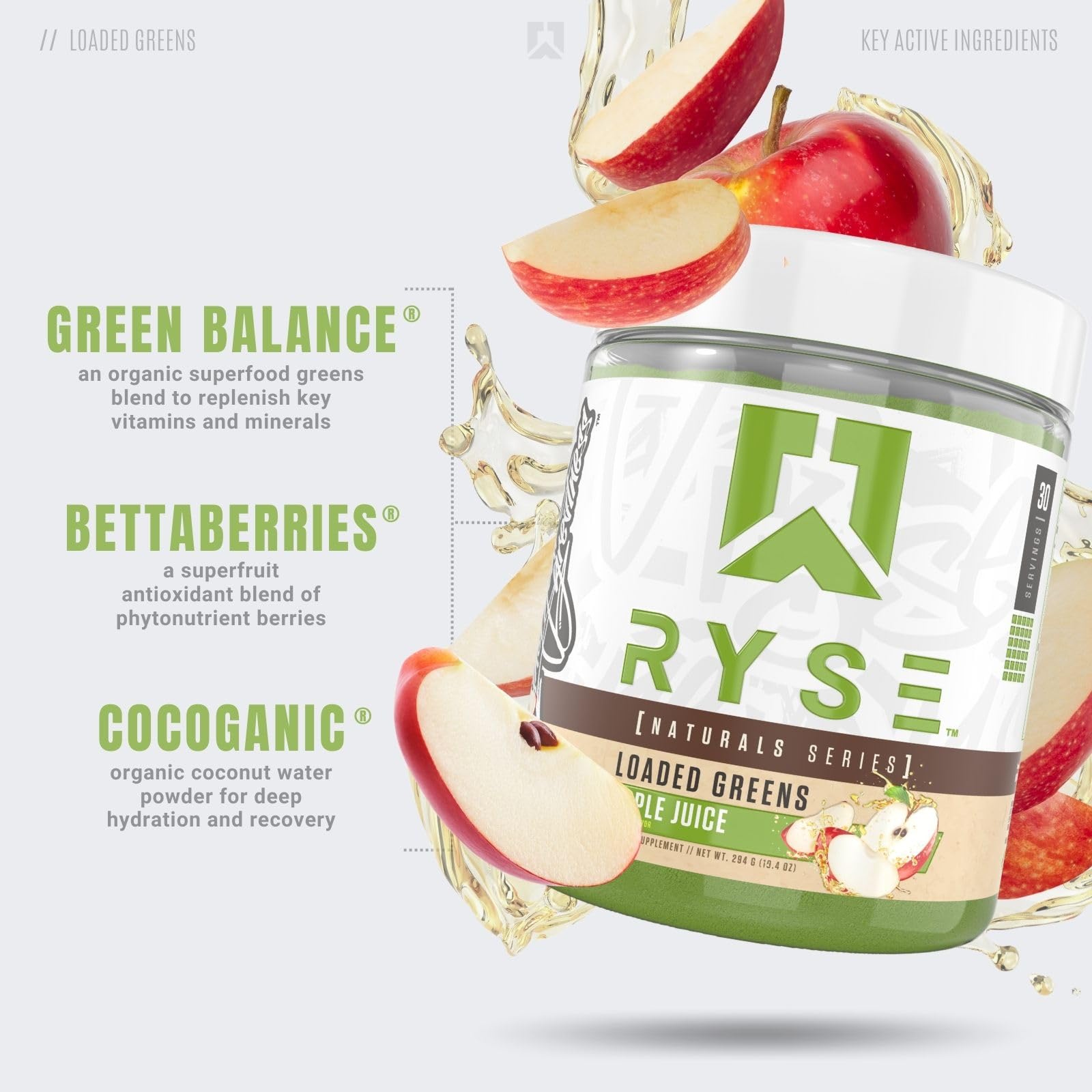 RYSE Up Supplements Loaded Greens powder in a mixing bowl with a spoon