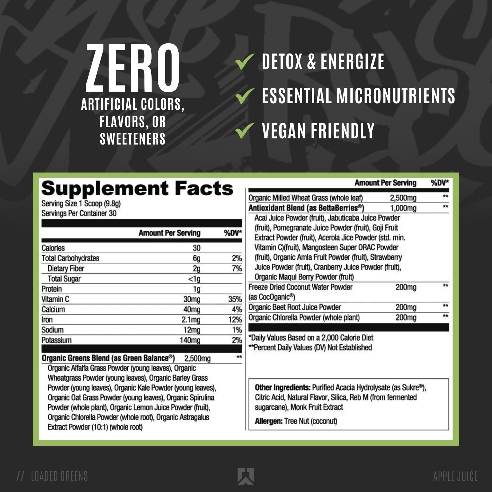RYSE Up Supplements Loaded Greens powder side view with nutritional information