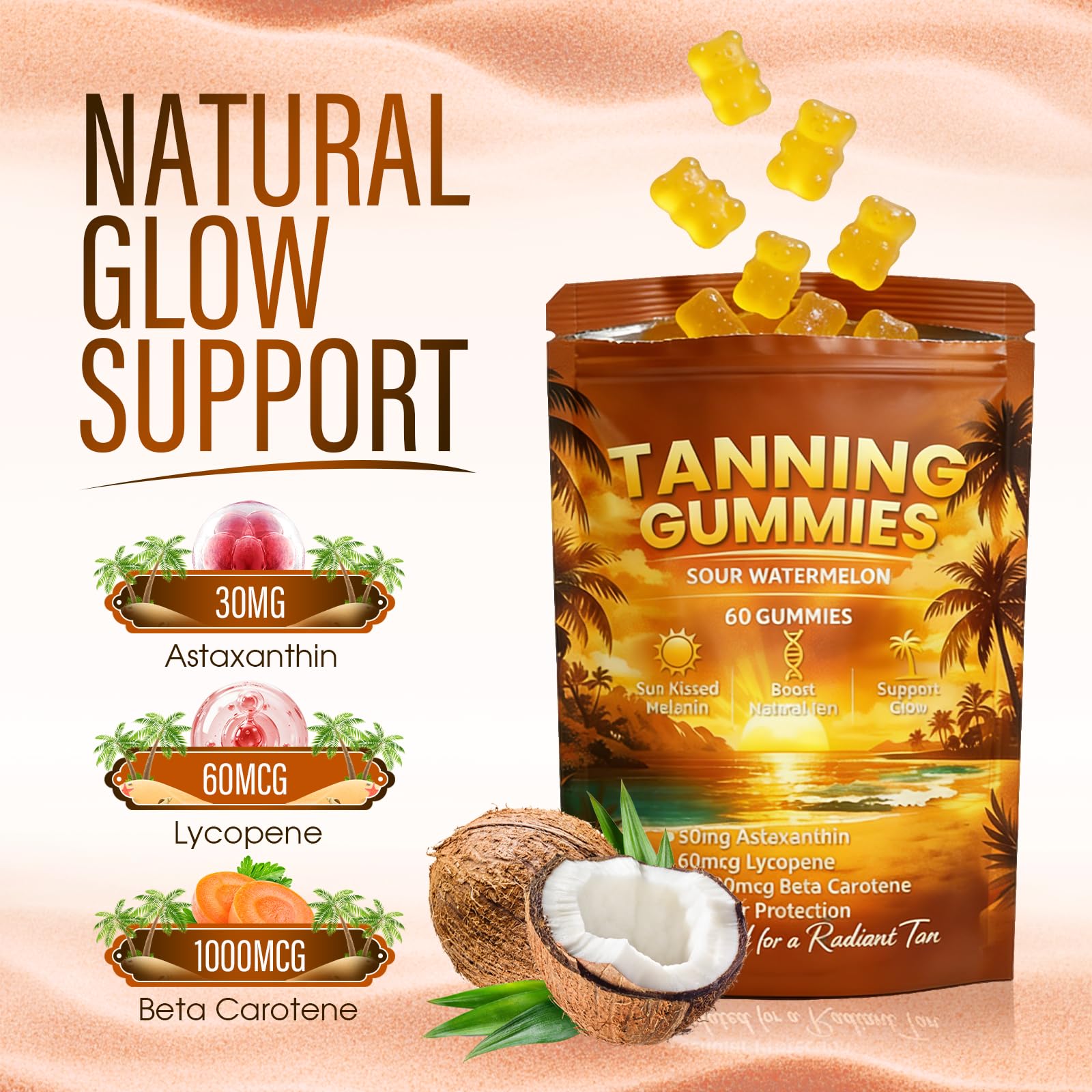 Ryurop Tanning Gummies ingredients list on back of pouch