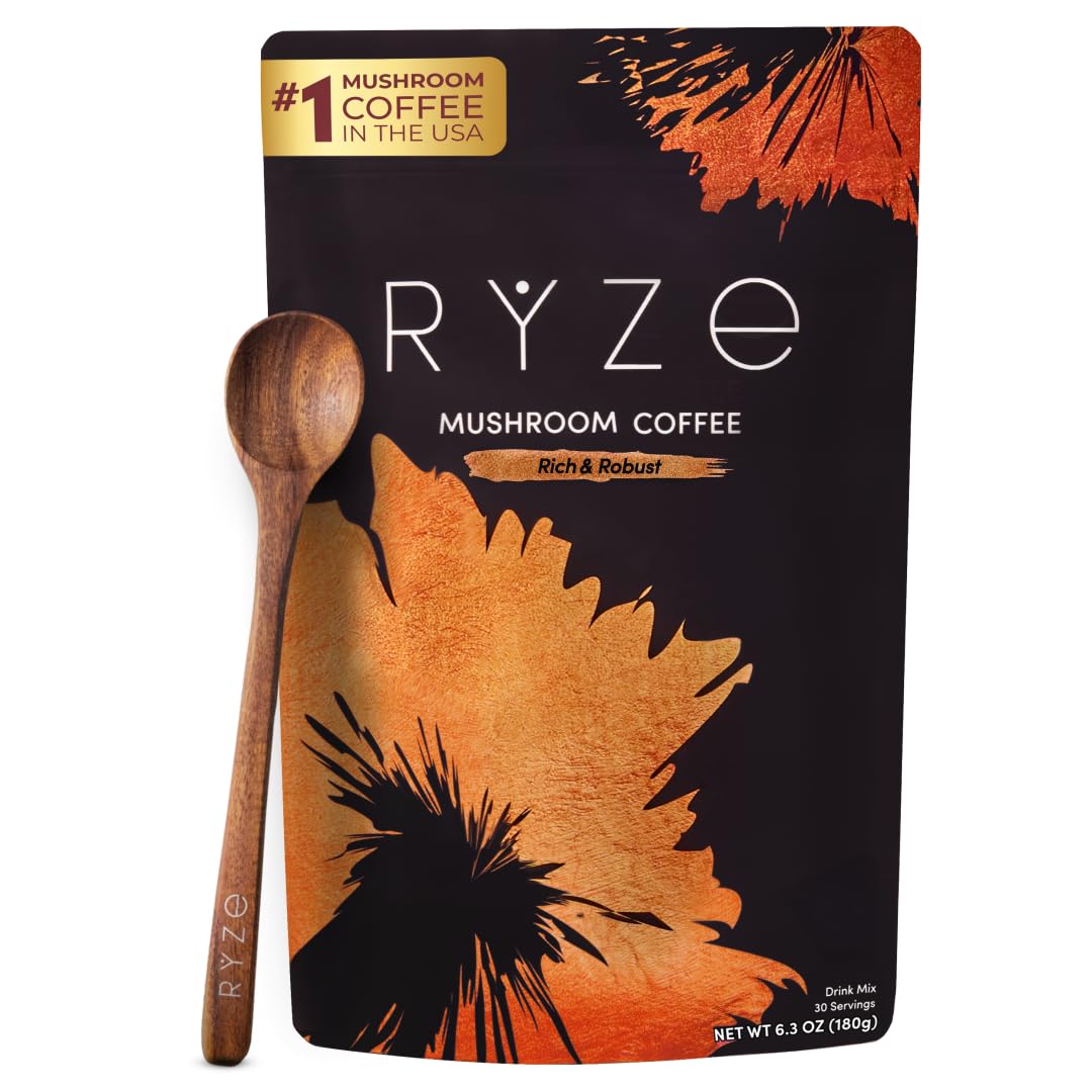 RYZE SUPERFOODS Mushroom Dark Roast Coffee front view with packaging
