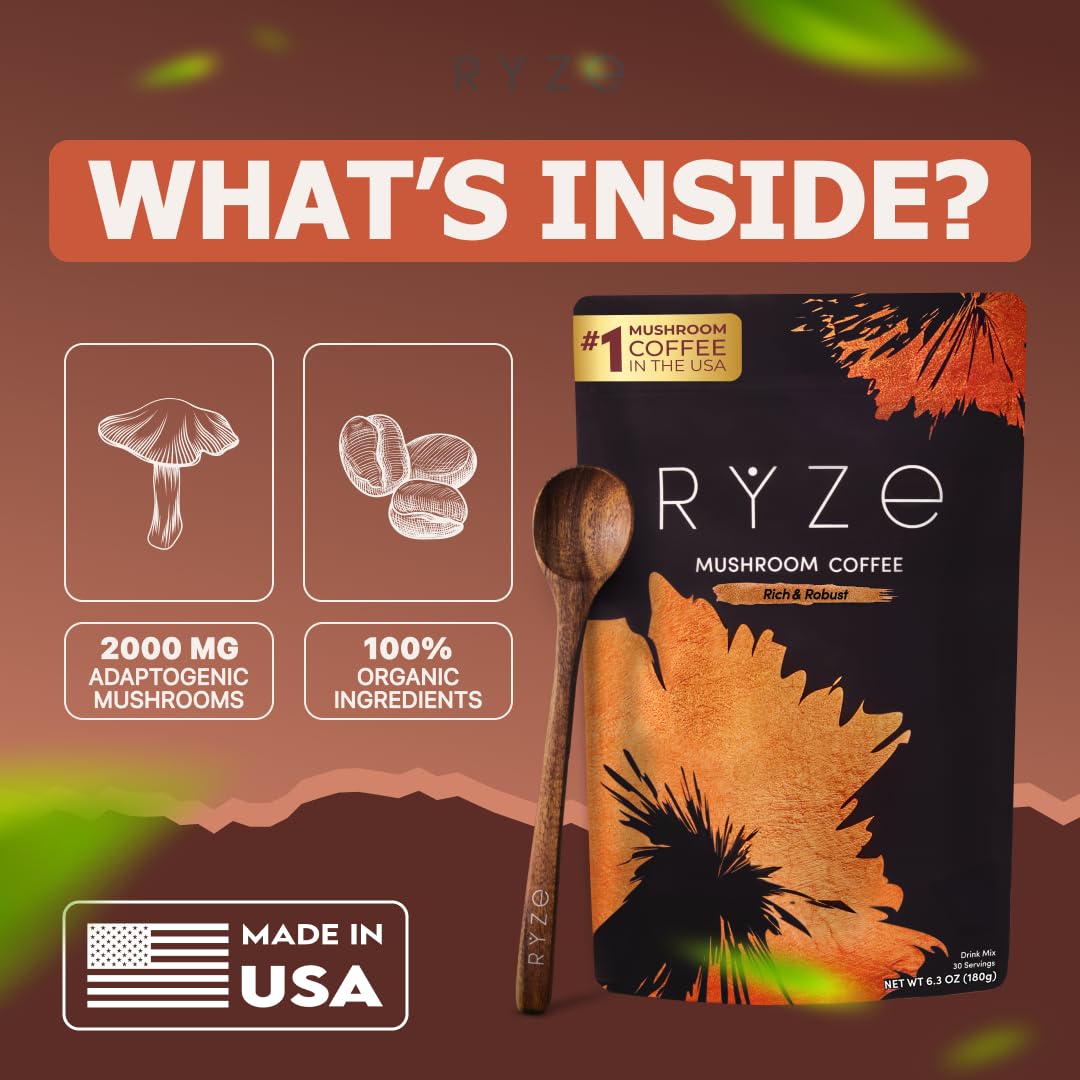 RYZE SUPERFOODS Mushroom Dark Roast Coffee in a cup