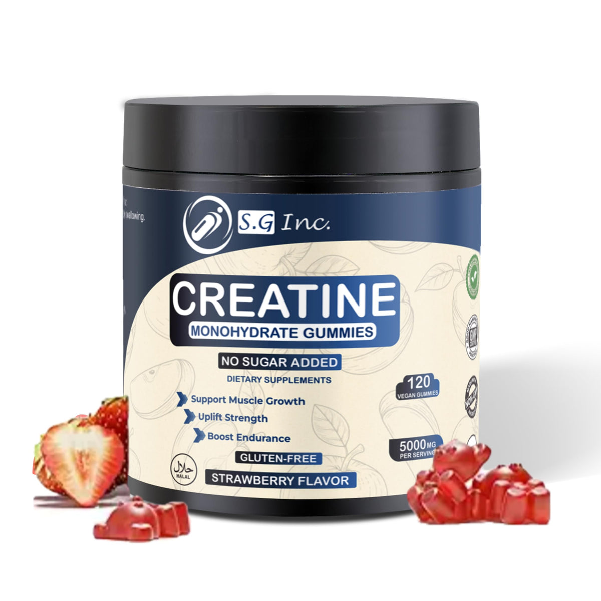 S.G Inc Creatine Gummies 120 count strawberry flavour front view