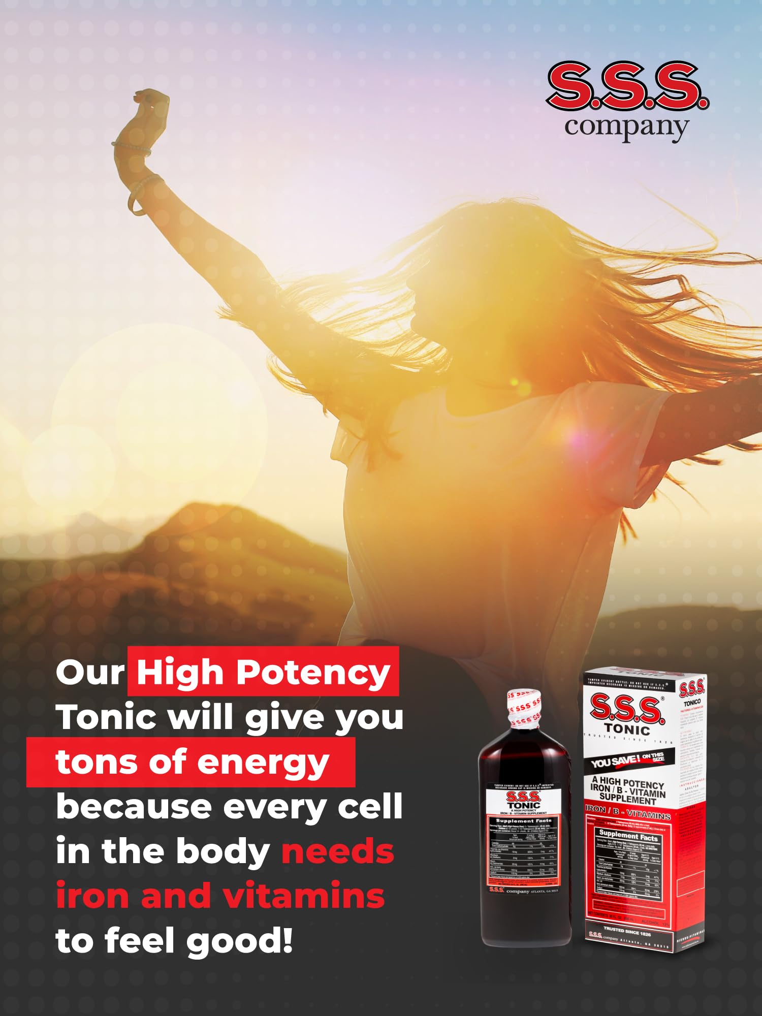 S.S.S. CO. High Potency Iron Liquid Supplement bottle on a table