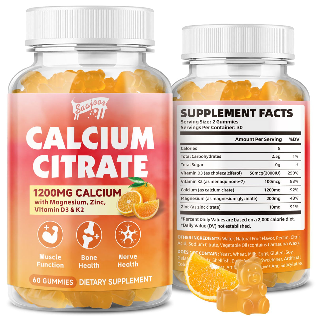 Saajoor Calcium Citrate Gummies front view with orange flavour