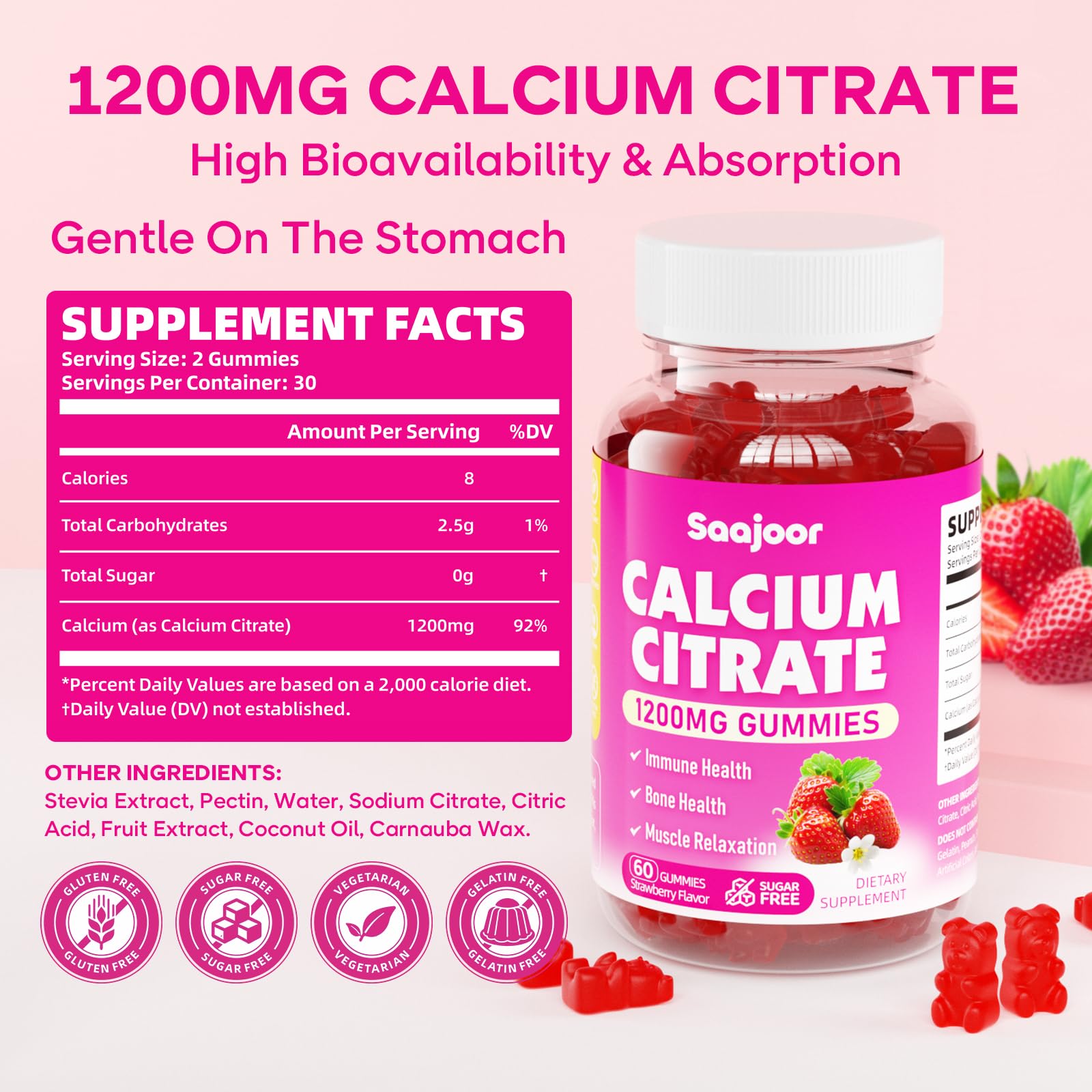 Saajoor Calcium Citrate Gummies showing natural strawberry flavour