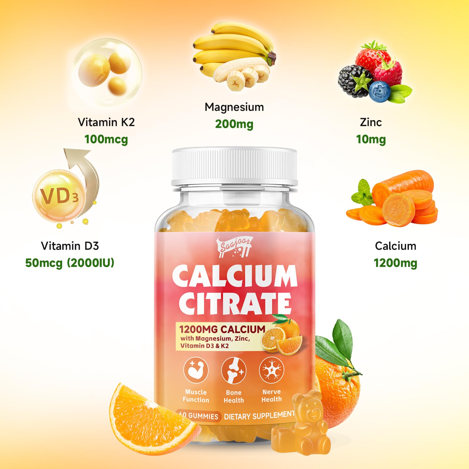 Saajoor Calcium Gummies lifestyle image with fresh oranges