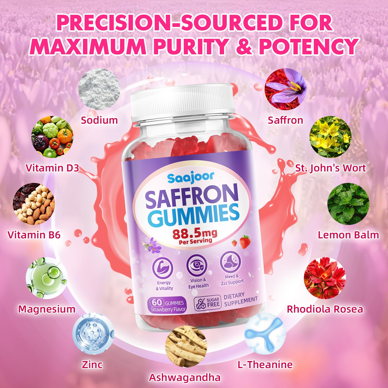 Saajoor Calm Clarity Gummies side view with nutritional information