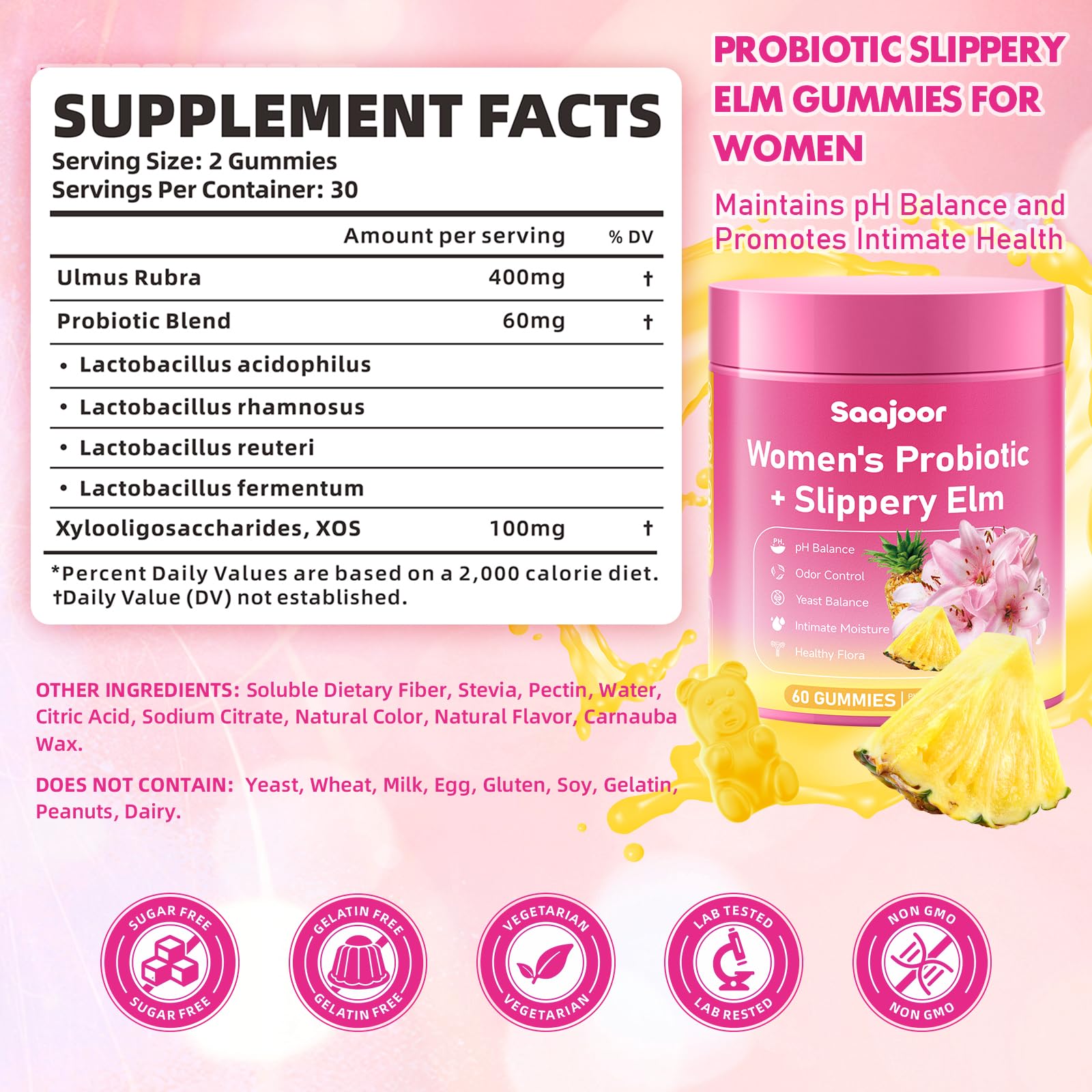 Saajoor Feminine Probiotics Gummies 170g back view showing ingredients