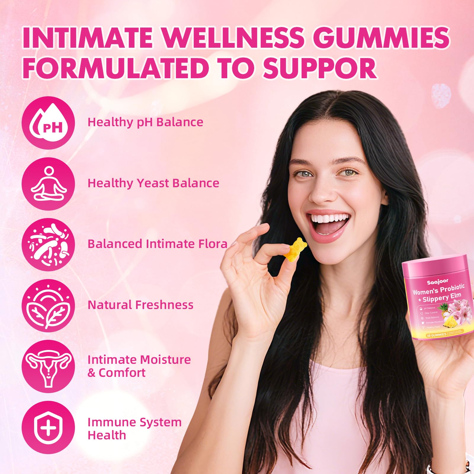 Saajoor Feminine Probiotics Gummies 170g packaging with nutritional information