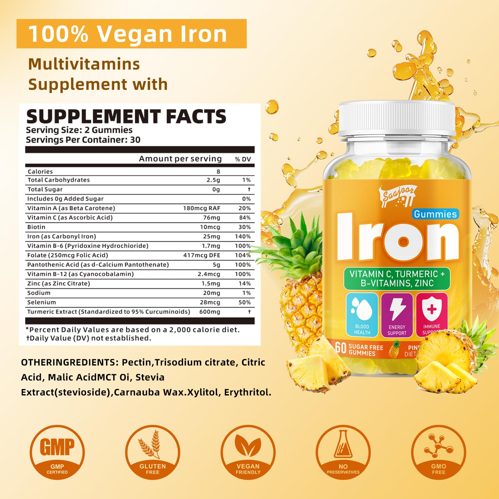 Saajoor Iron Gummies side view showing nutritional information