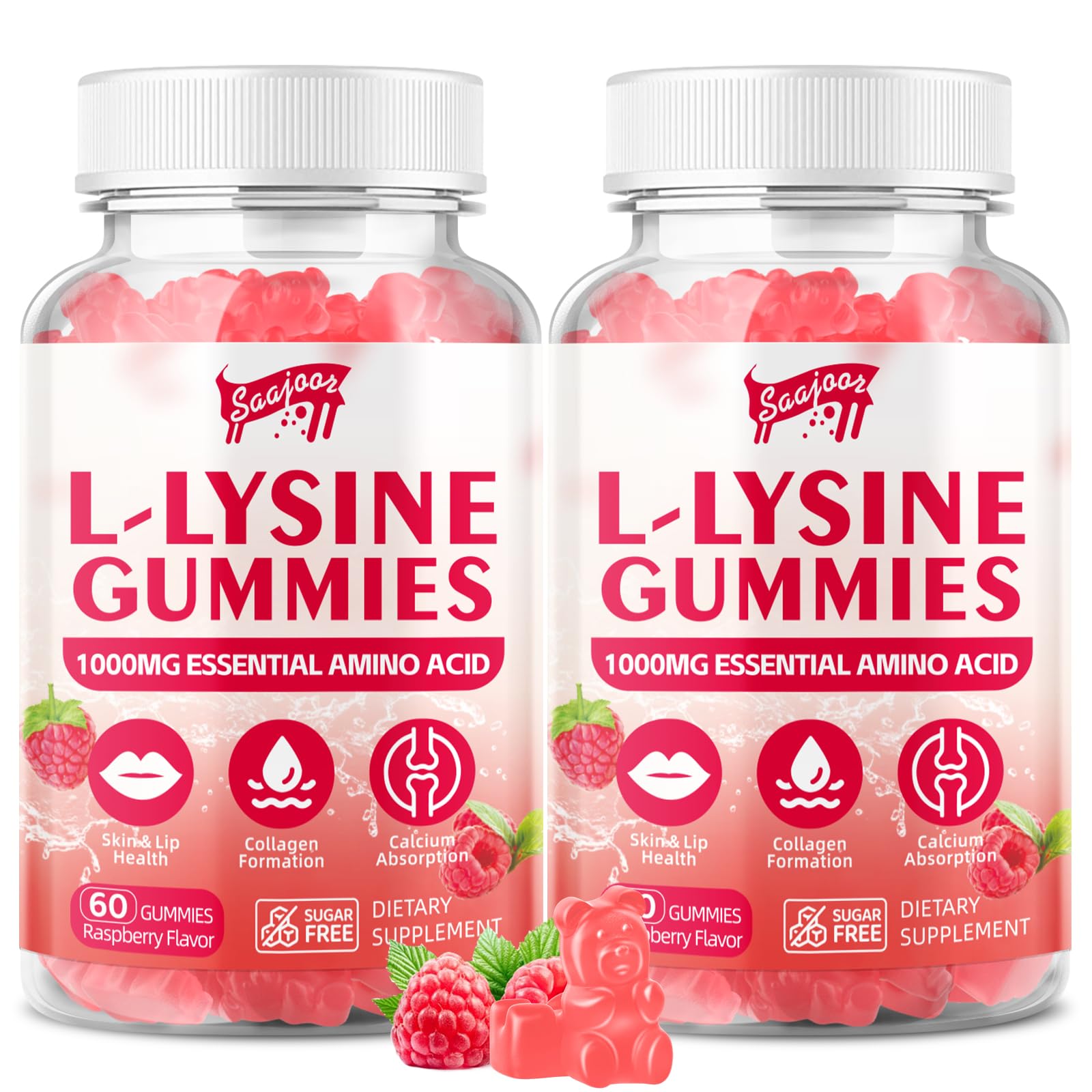 Saajoor L-Lysine Gummies 1000mg raspberry flavour front view