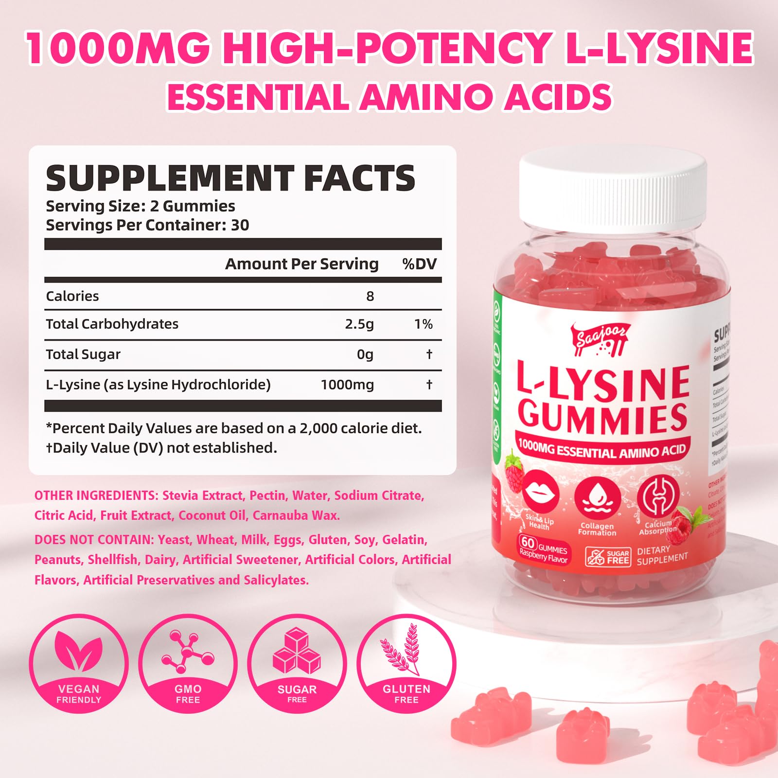 Saajoor L-Lysine Gummies bottle with 30 vegan gummies