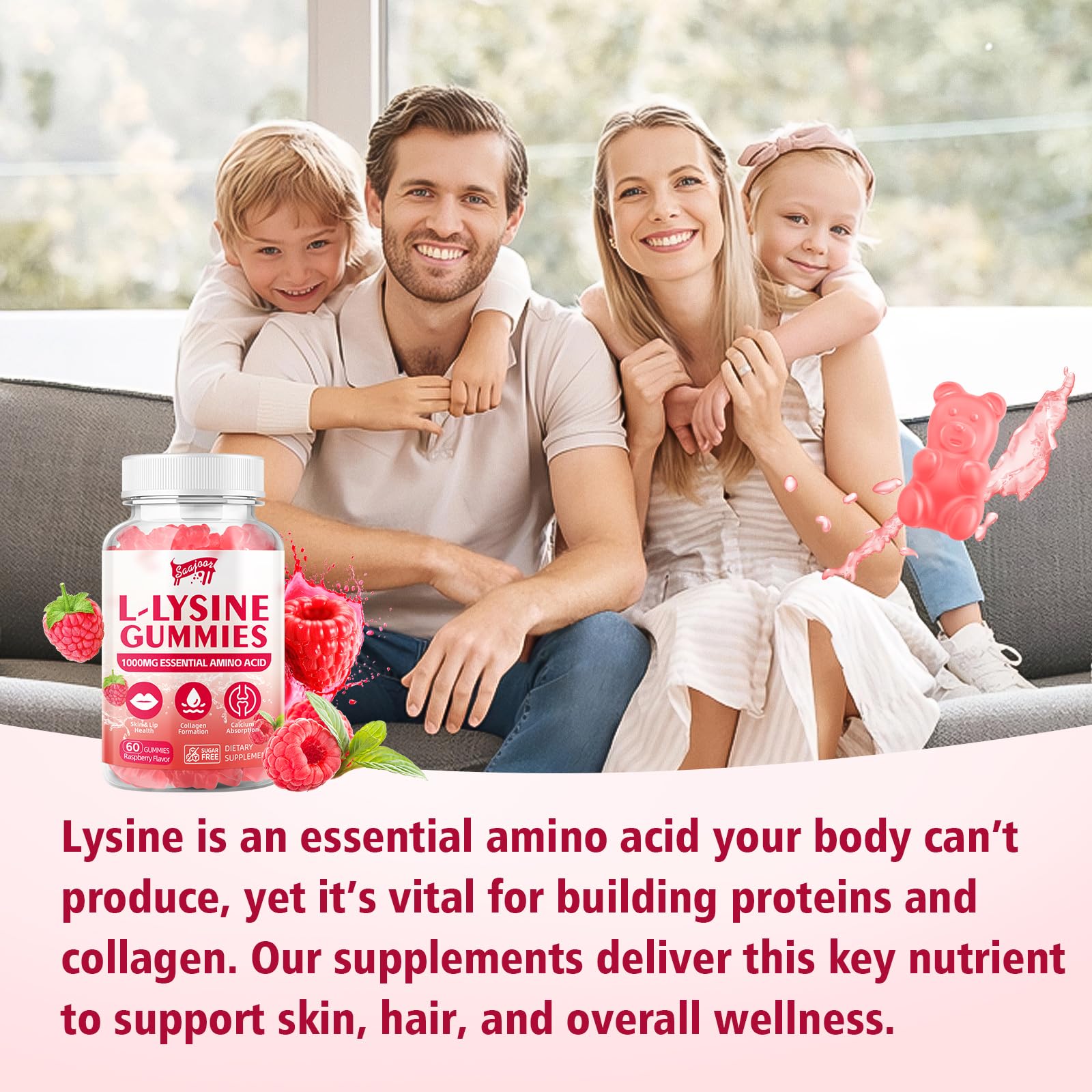 Saajoor L-Lysine Gummies with a few gummies scattered