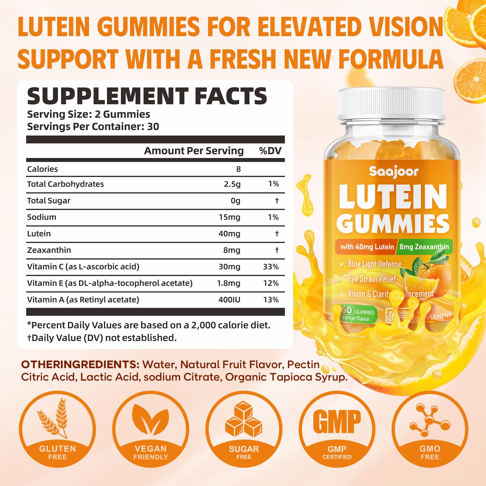 Saajoor Lutein Gummies natural orange flavour close-up