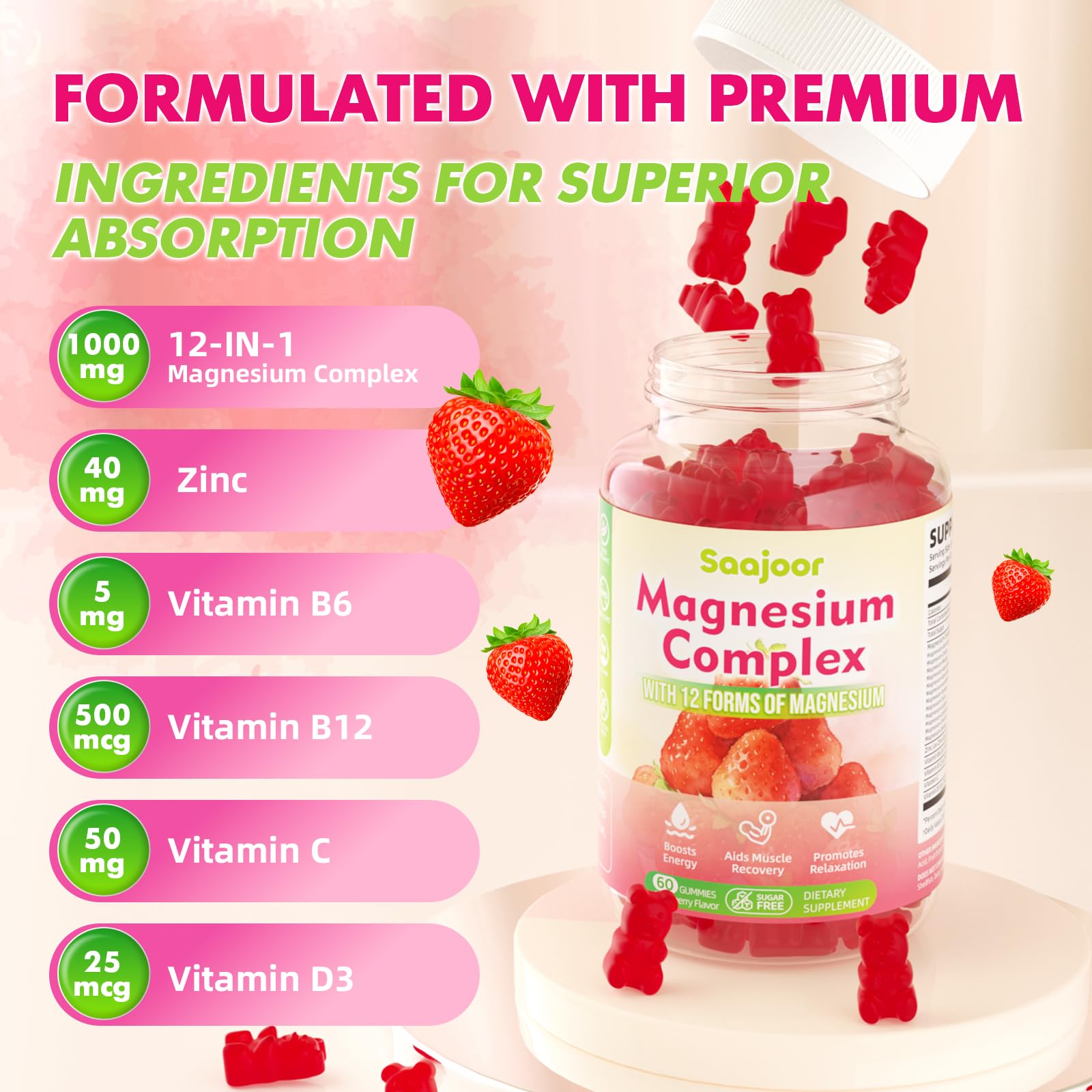 Saajoor Magnesium Complex Gummies with a hand holding a gummy