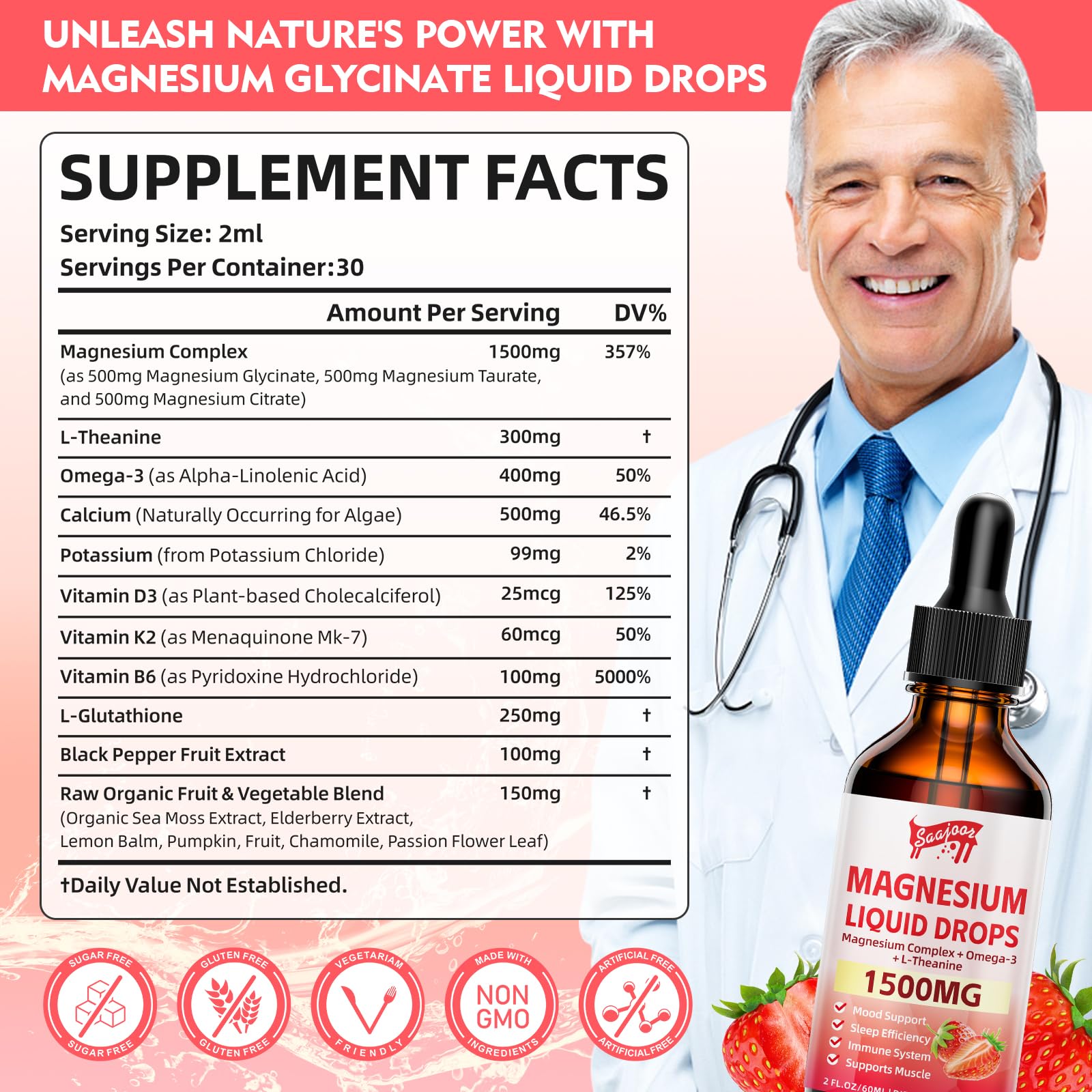 Saajoor Magnesium Glycinate Liquid Drops 60ml bottle back view