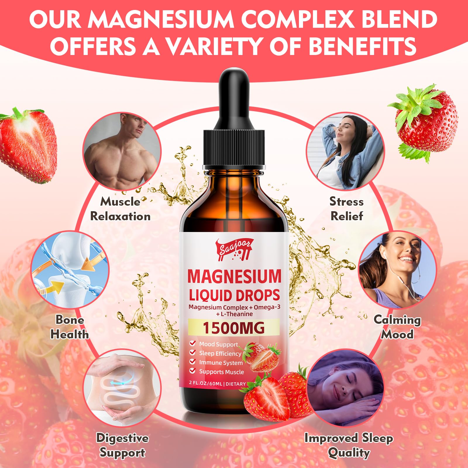 Saajoor Magnesium Glycinate Liquid Drops 60ml bottle with strawberries