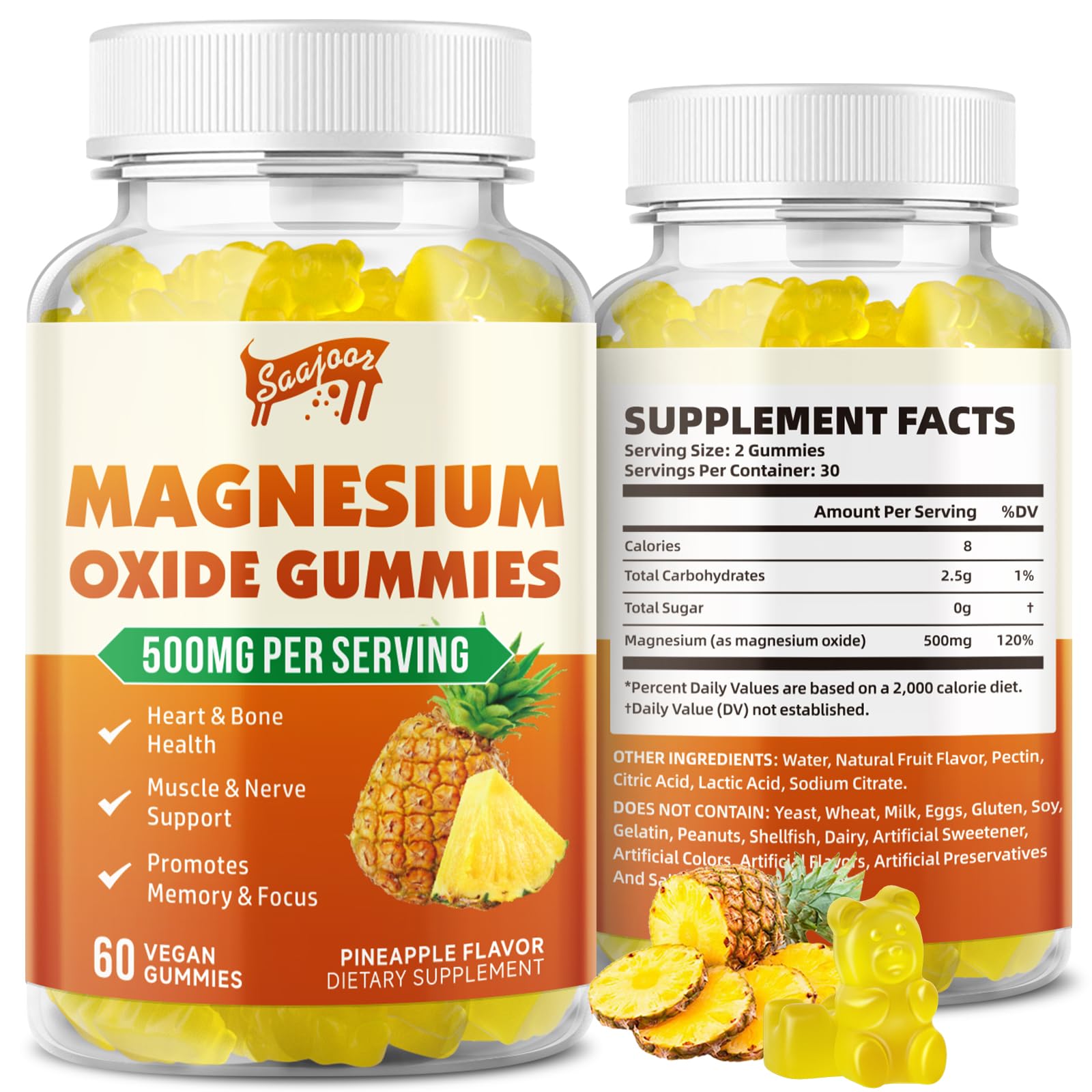 Saajoor Magnesium Gummies 500mg front view with pineapple flavour