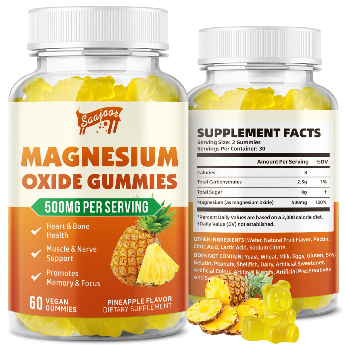 Saajoor Magnesium Gummies 500mg front view with pineapple flavour