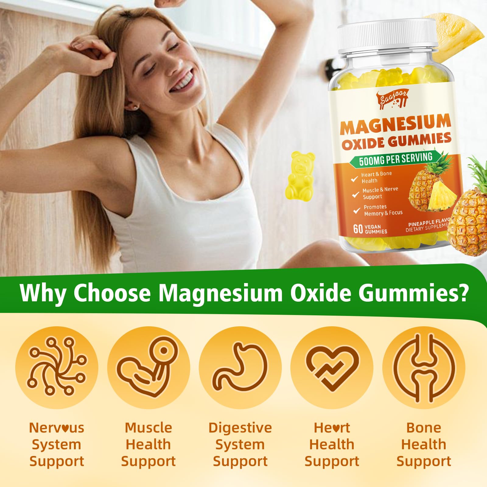 Saajoor Magnesium Gummies 500mg gummies on a wooden table