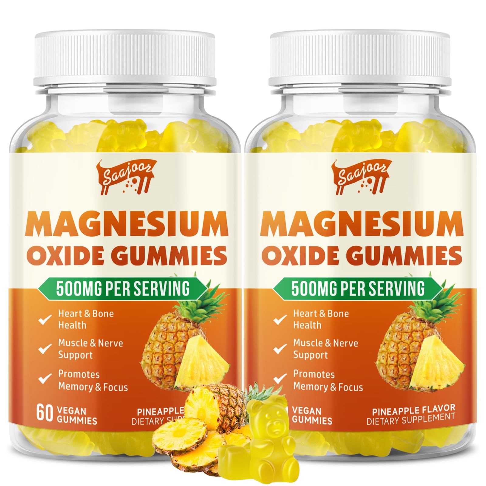 Saajoor Magnesium Gummies 500mg pineapple flavour front view