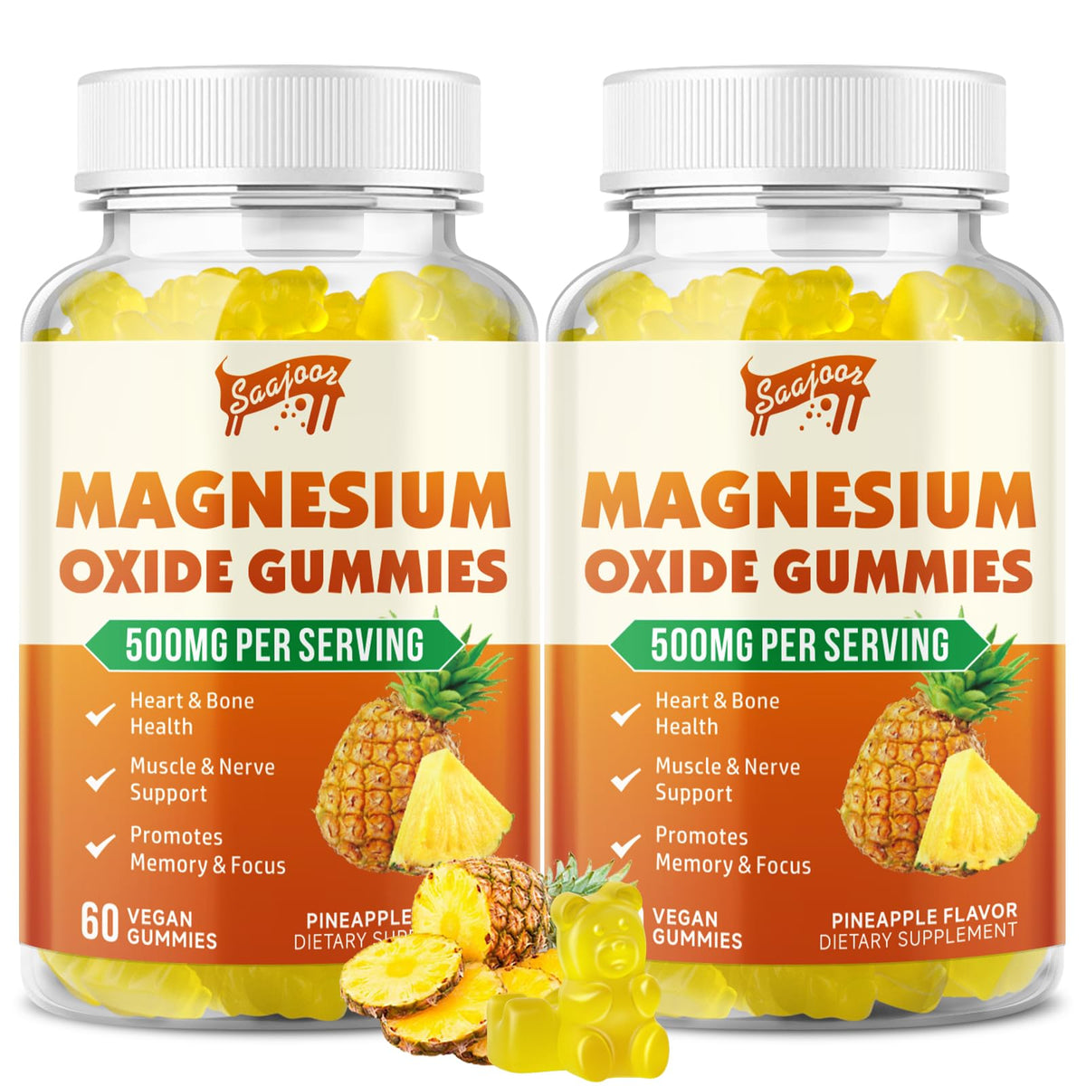 Saajoor Magnesium Gummies 500mg pineapple flavour front view