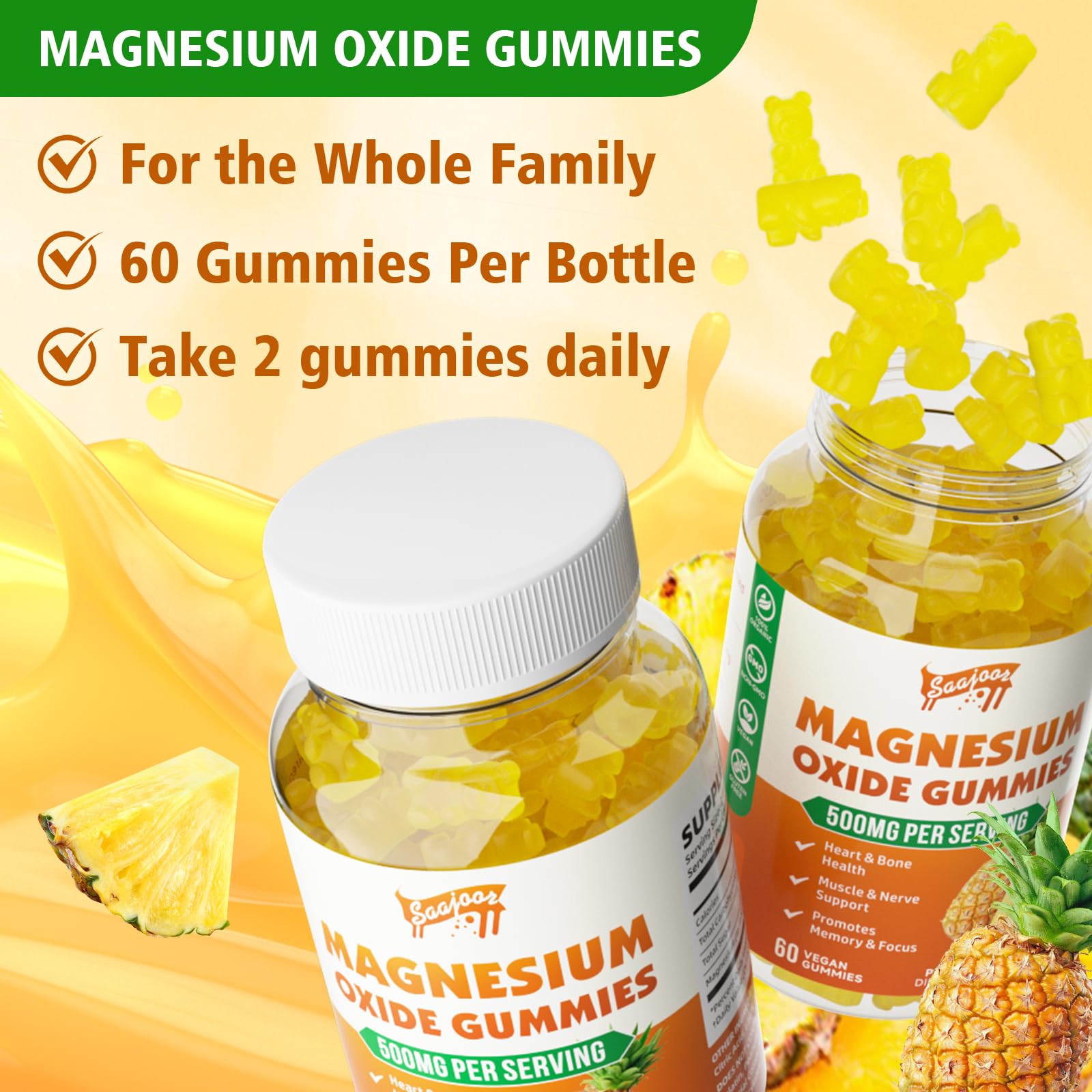 Saajoor Magnesium Gummies 500mg with fresh pineapple