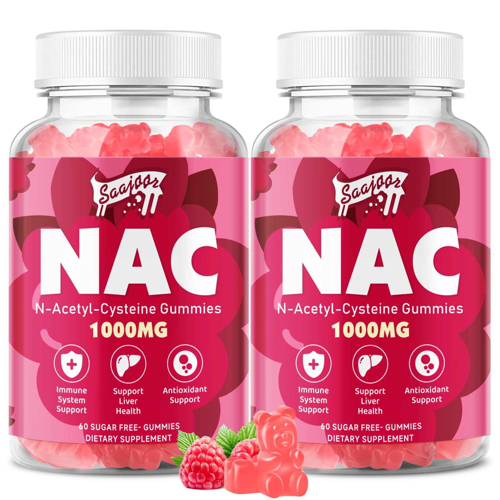 Saajoor NAC Gummies 1000mg raspberry flavour front view